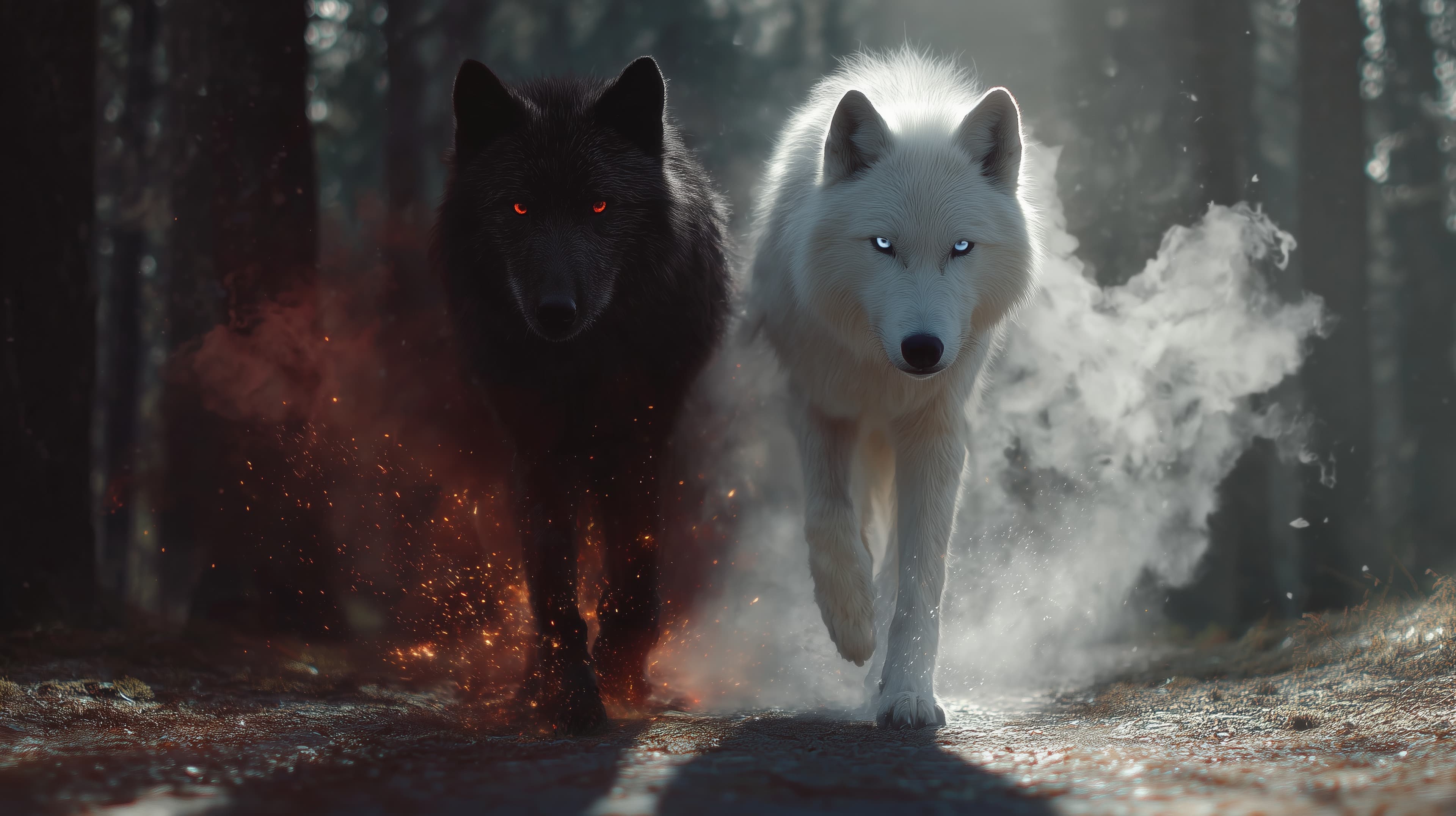 Dual Wolves in Stormy Forest – Dark and White Canine Silhouettes - High Resolution wolves Wallpaper for Mobile and Desktop