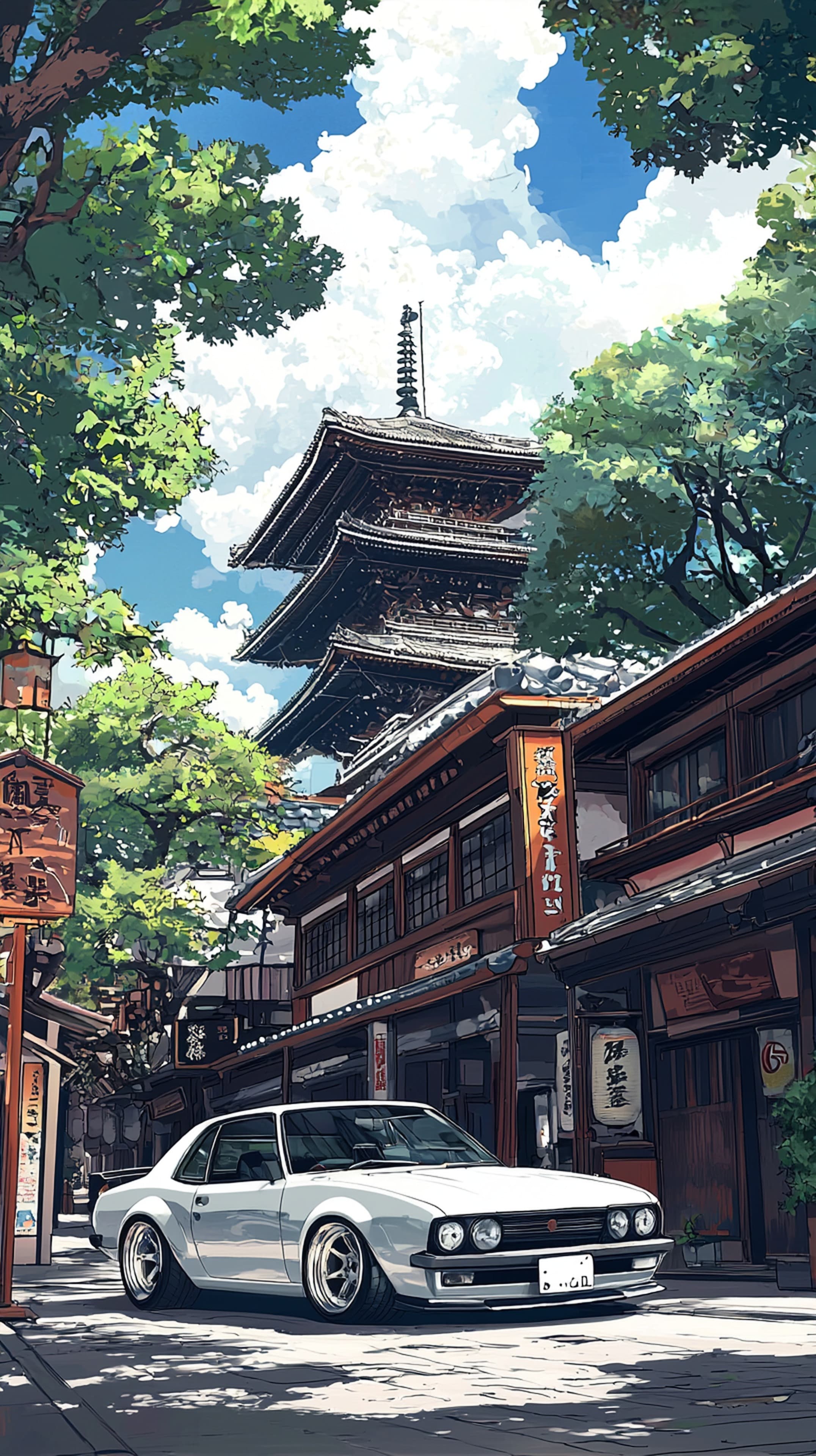 Green classic sport coupe under cherry blossoms street scene - High Resolution vintage-car Wallpaper for Mobile and Desktop