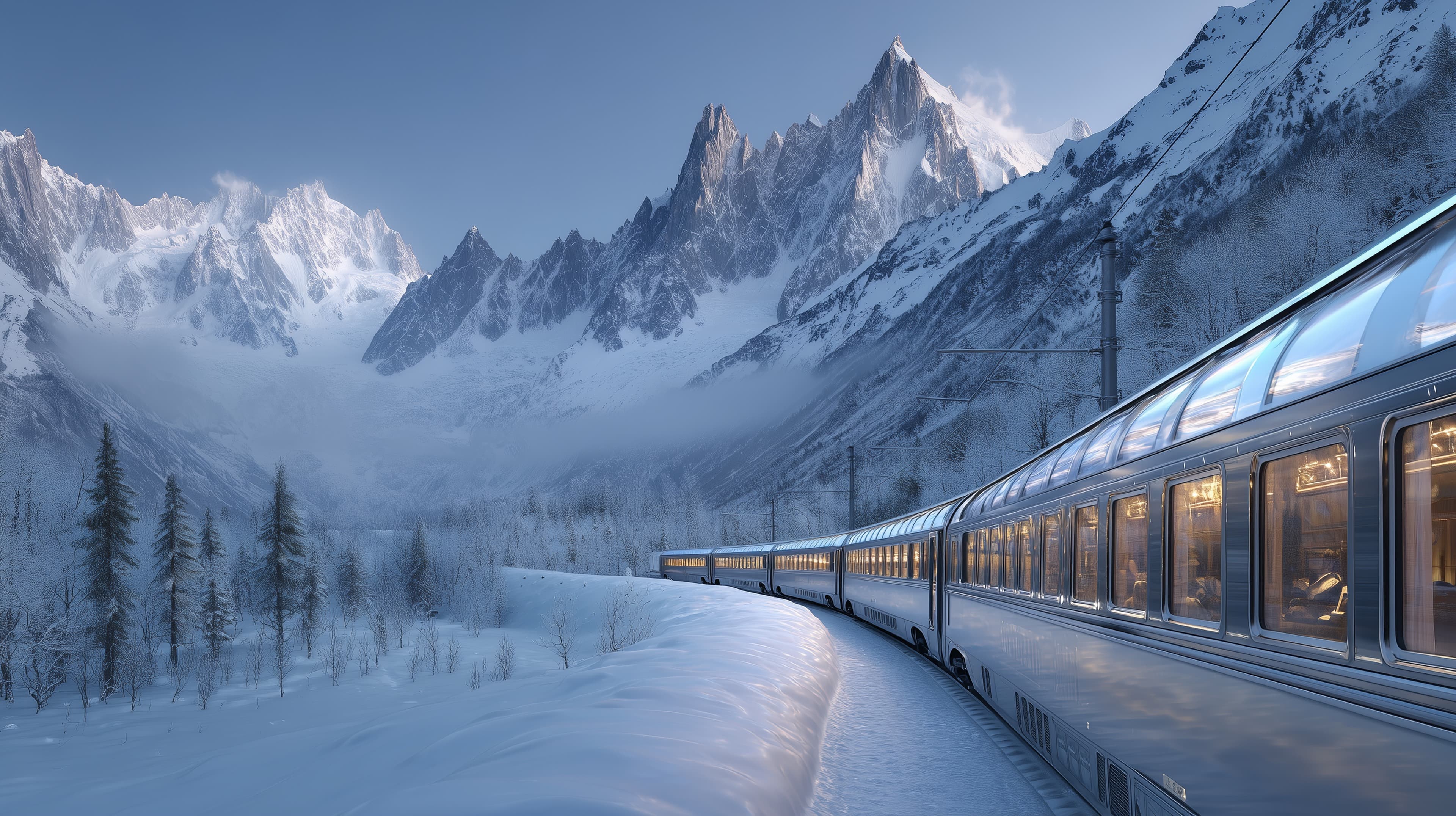 Snowy Mountain Train Ride Through Frosty Peaks at Dusk - High Resolution alpine Wallpaper for Mobile and Desktop