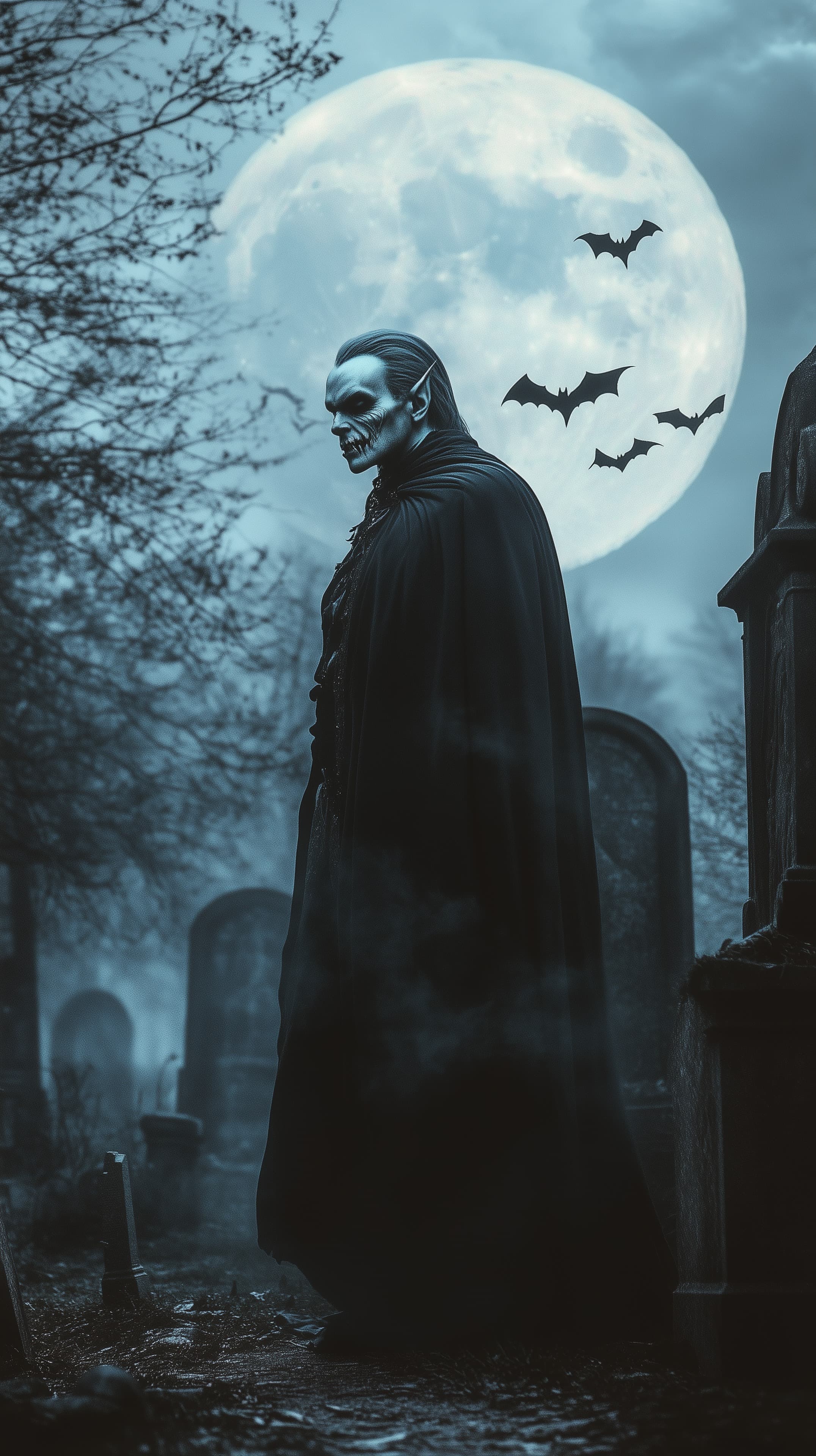 Moonlit Gothic Vampire in a Misty Cemetery Under a Full Moon - High Resolution bats Wallpaper for Mobile and Desktop