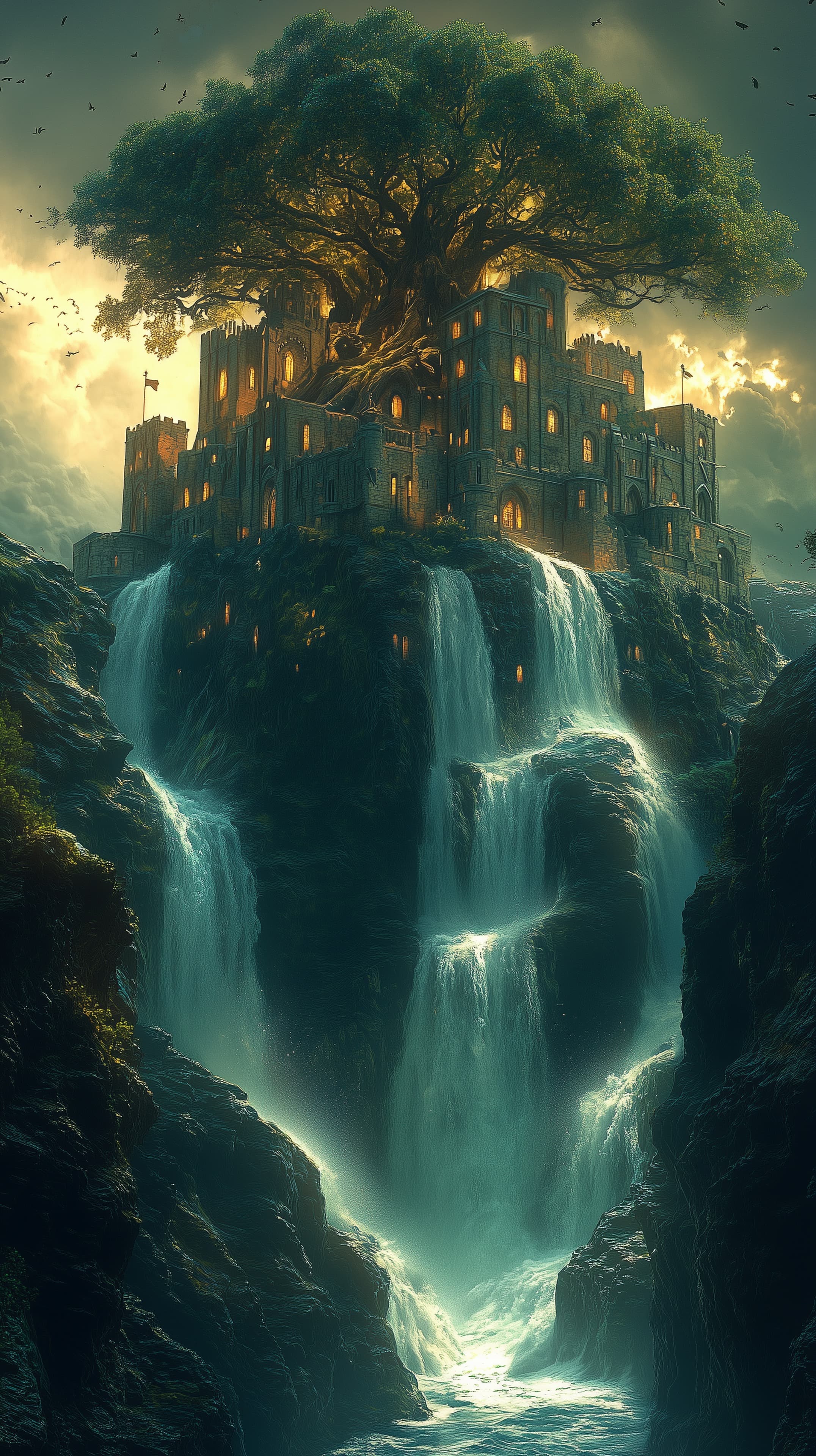 Majestic Fantasy Castle with Giant Tree and Cascading Falls - High Resolution ancient-tree Wallpaper for Mobile and Desktop