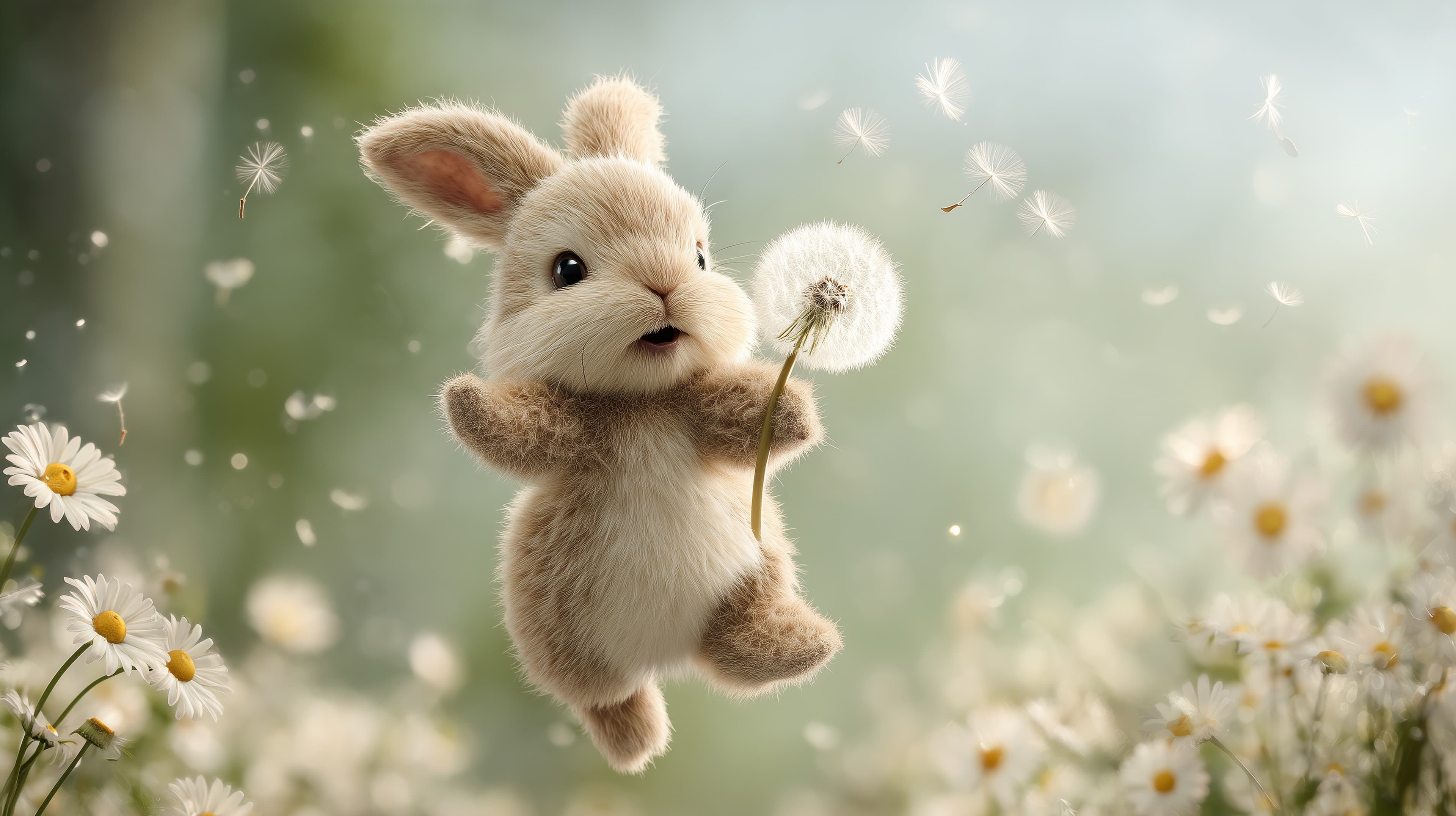 Whimsical Bunny Floating with Dandelion in Sunny Meadow - High Resolution bunny Wallpaper for Mobile and Desktop
