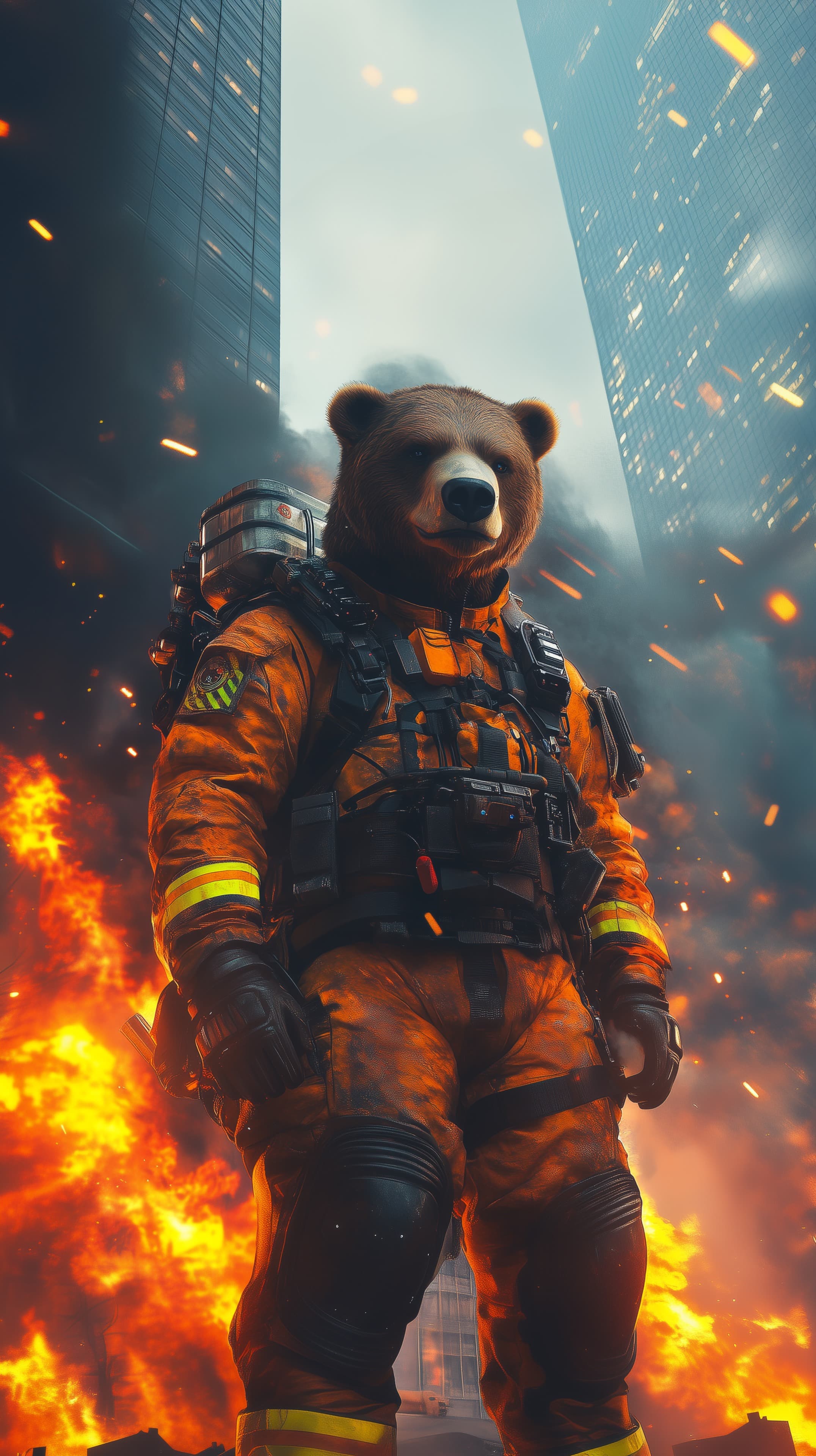 Heroic Firefighter Bear in Fiery Cityscape Dramatic Wallpaper - High Resolution bear Wallpaper for Mobile and Desktop