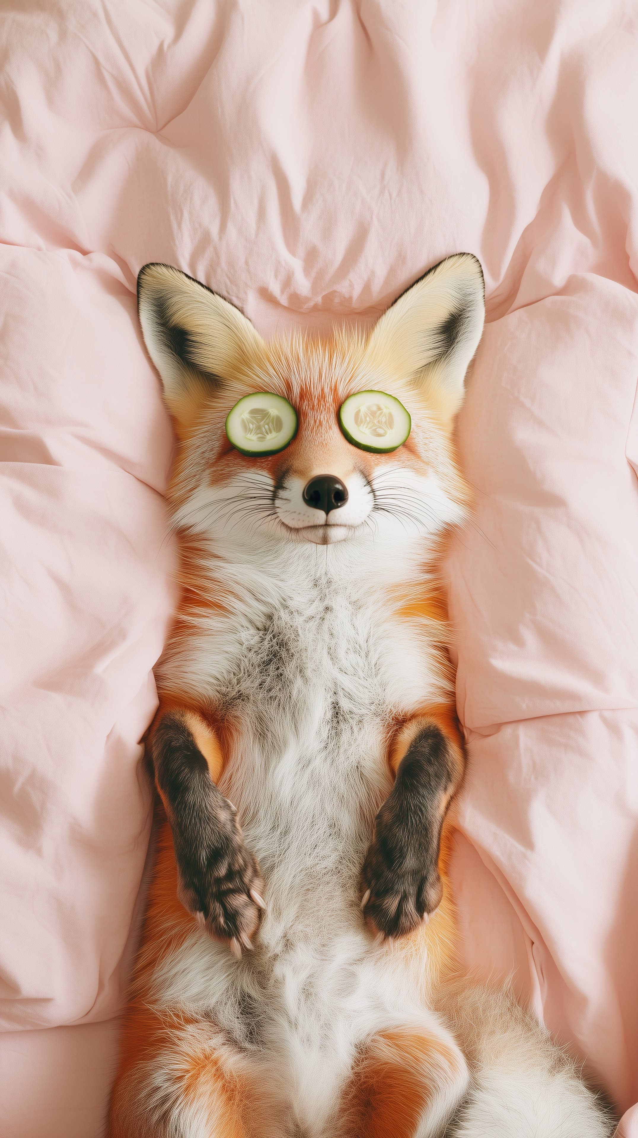 Adorable Fox Lying with Cucumber Eyes on Pink Blanket Wallpaper - High Resolution animal-wallpaper Wallpaper for Mobile and Desktop