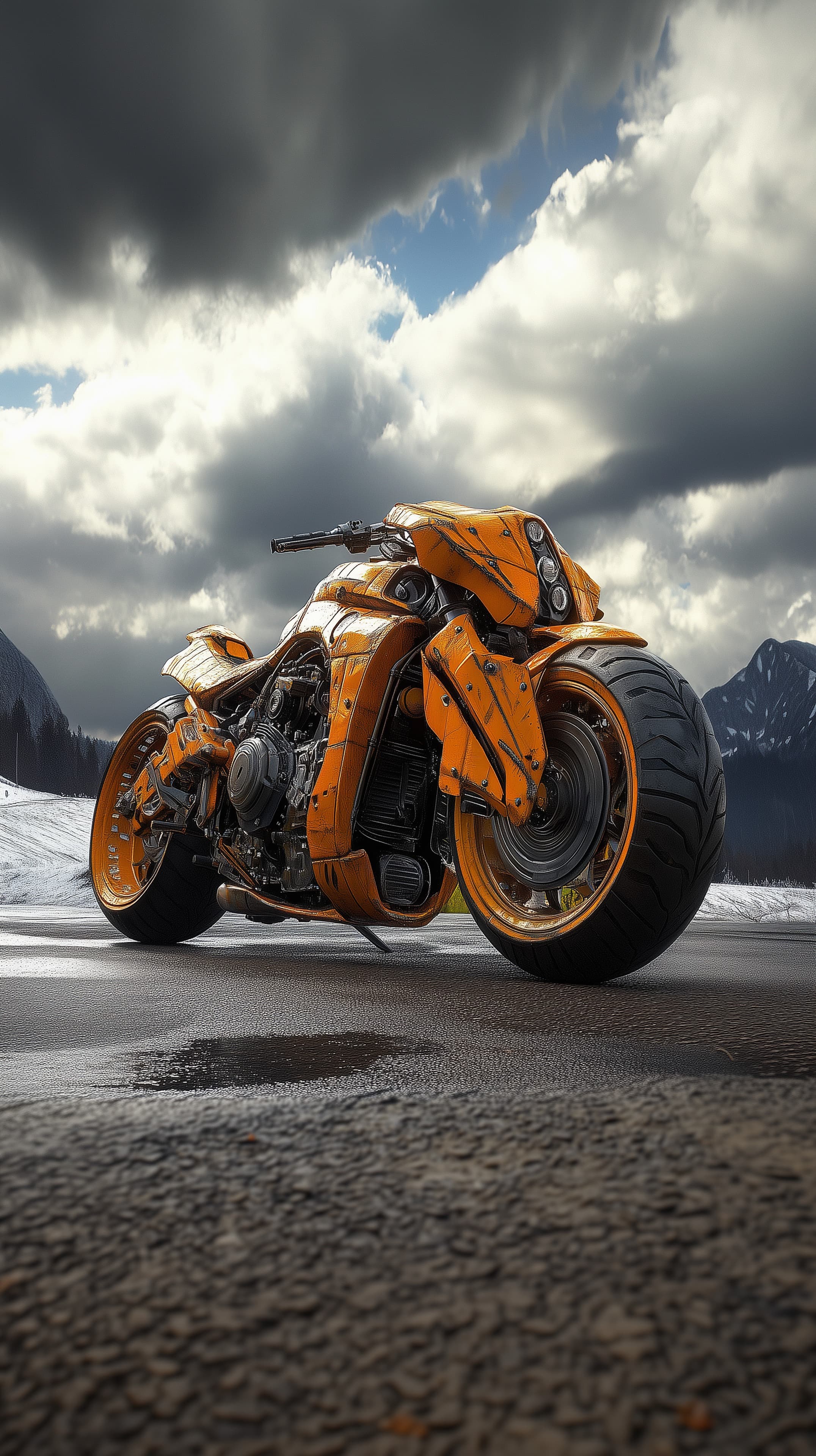 Vivid Orange Sport Motorcycle in Snowy Mountain Backdrop - High Resolution cloudy-sky Wallpaper for Mobile and Desktop