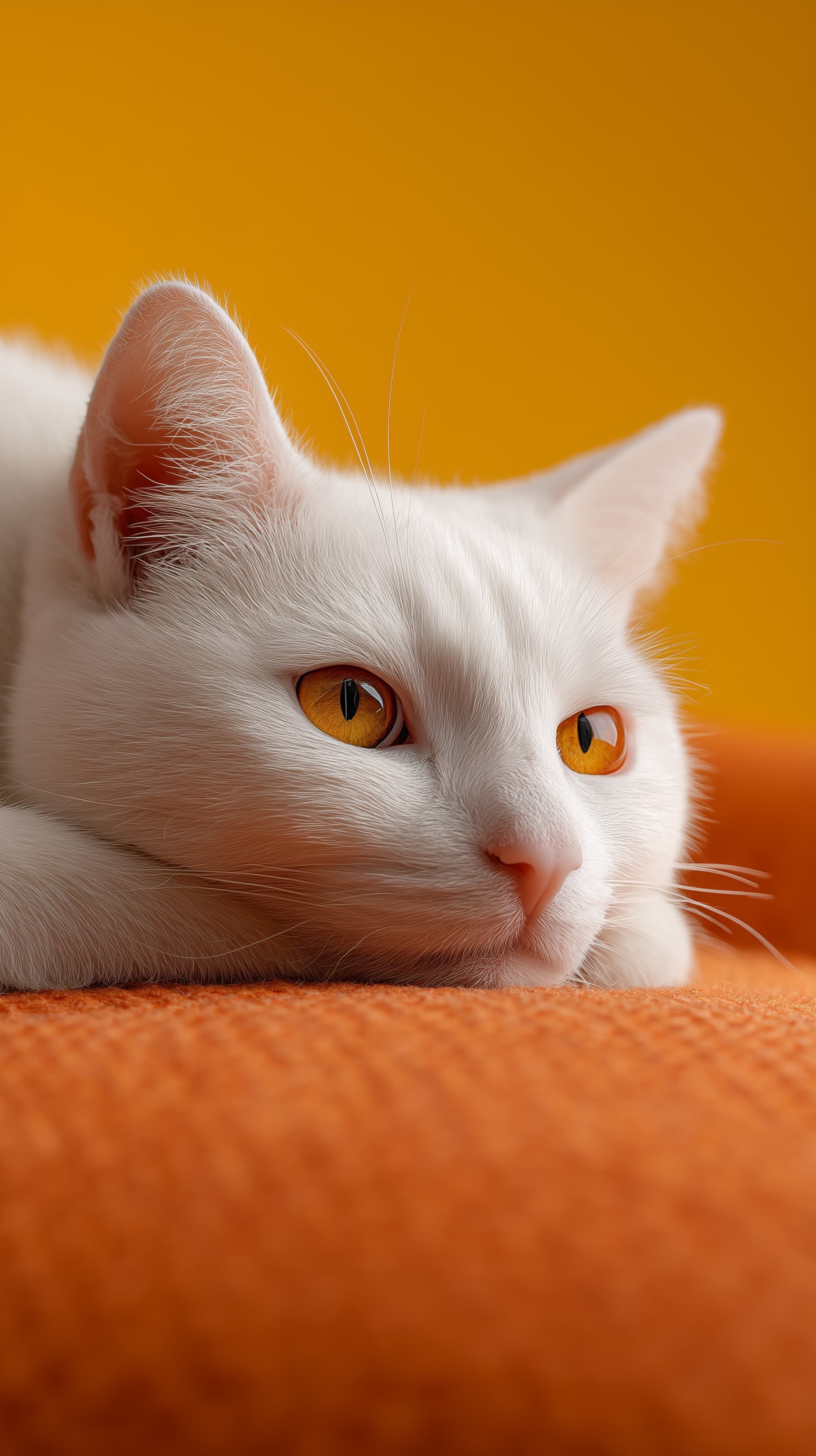 White Cat Portrait with Golden Eyes on Warm Orange Background - High Resolution amber-eyes Wallpaper for Mobile and Desktop
