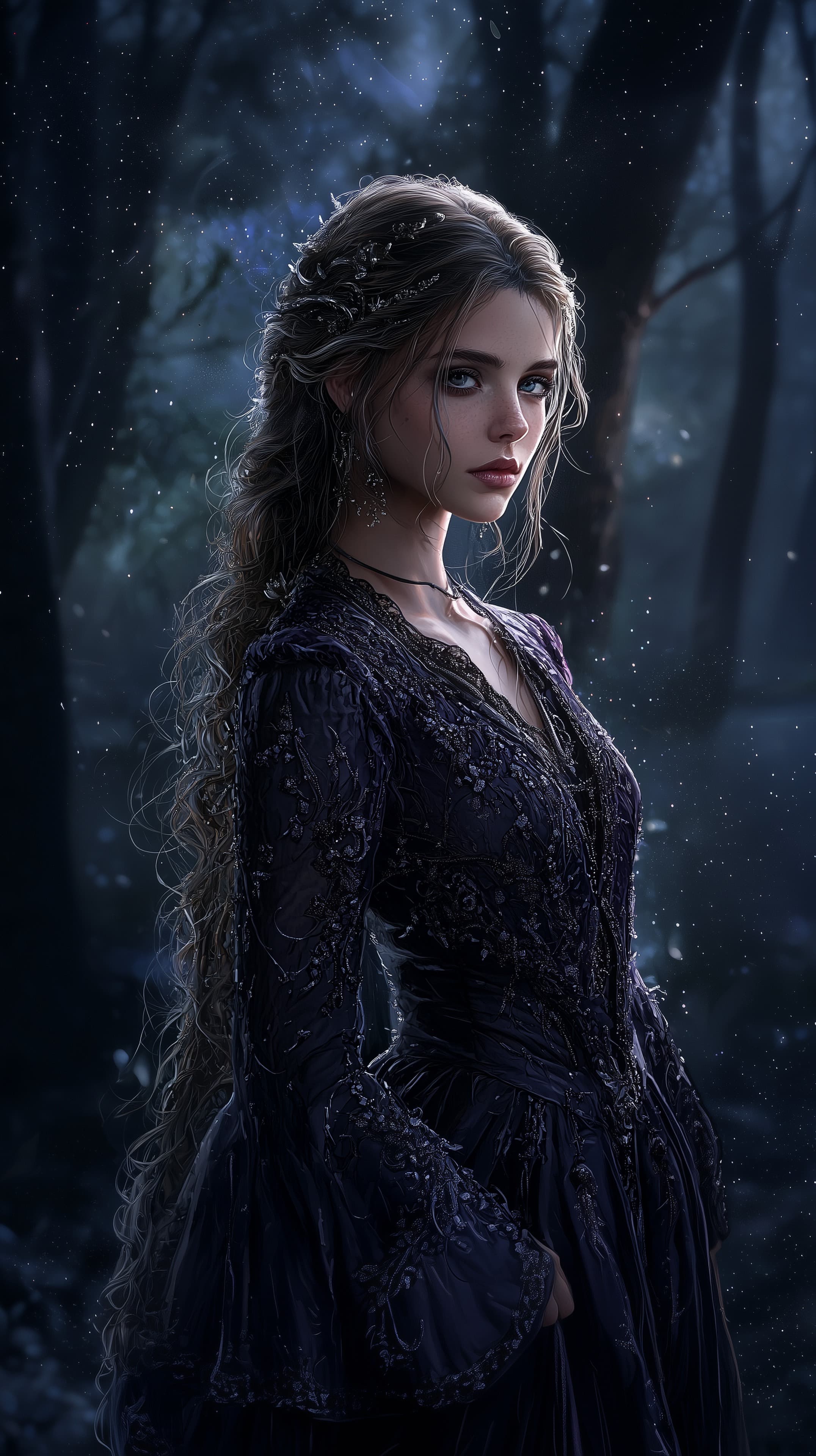 Moonlit Fantasy Portrait in a Velvet Midnight Gown - High Resolution dark-velvet-gown Wallpaper for Mobile and Desktop