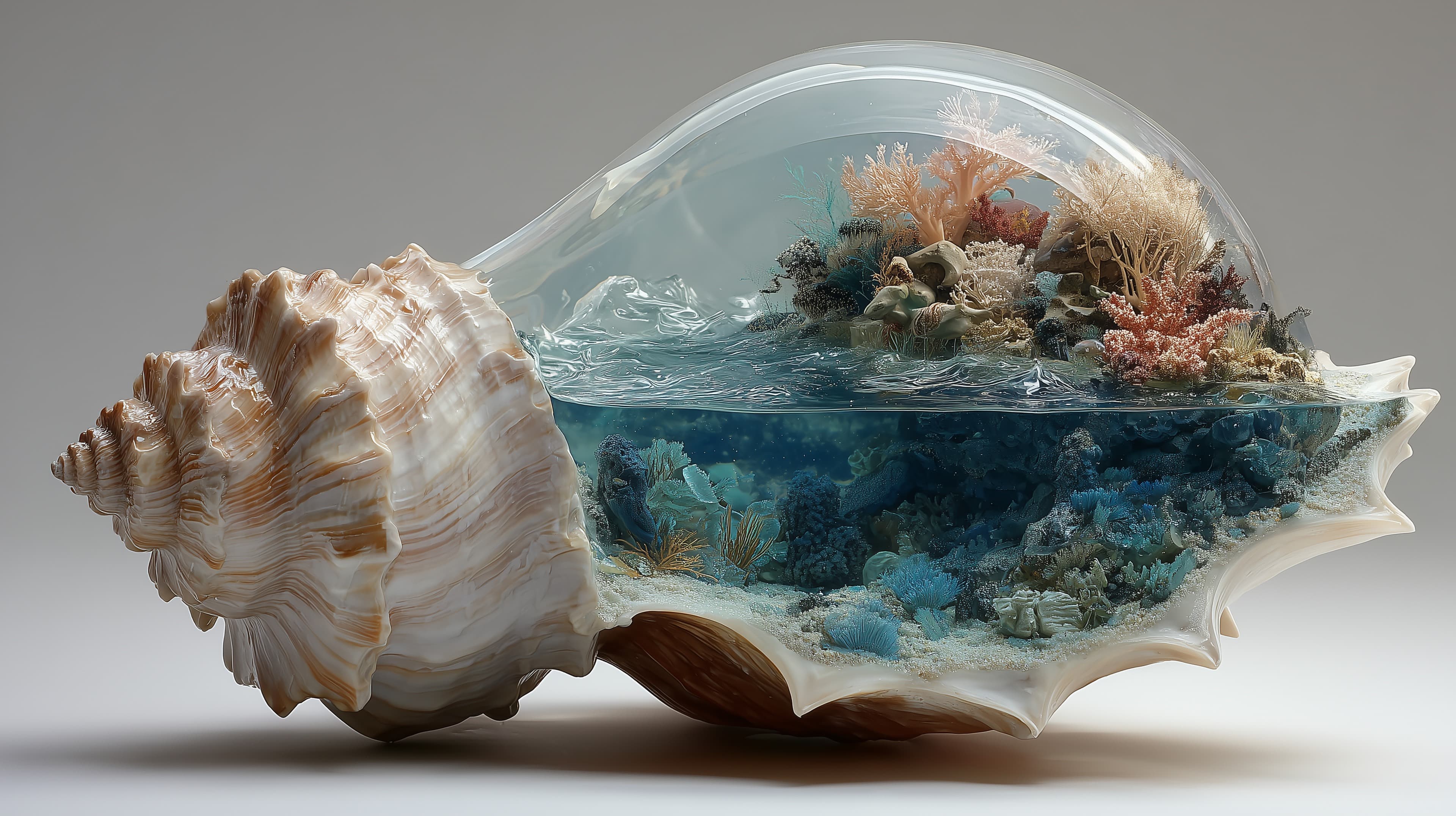 Underwater Coral Reef Scene in a Crystal Seashell Dome - High Resolution coral-reef Wallpaper for Mobile and Desktop