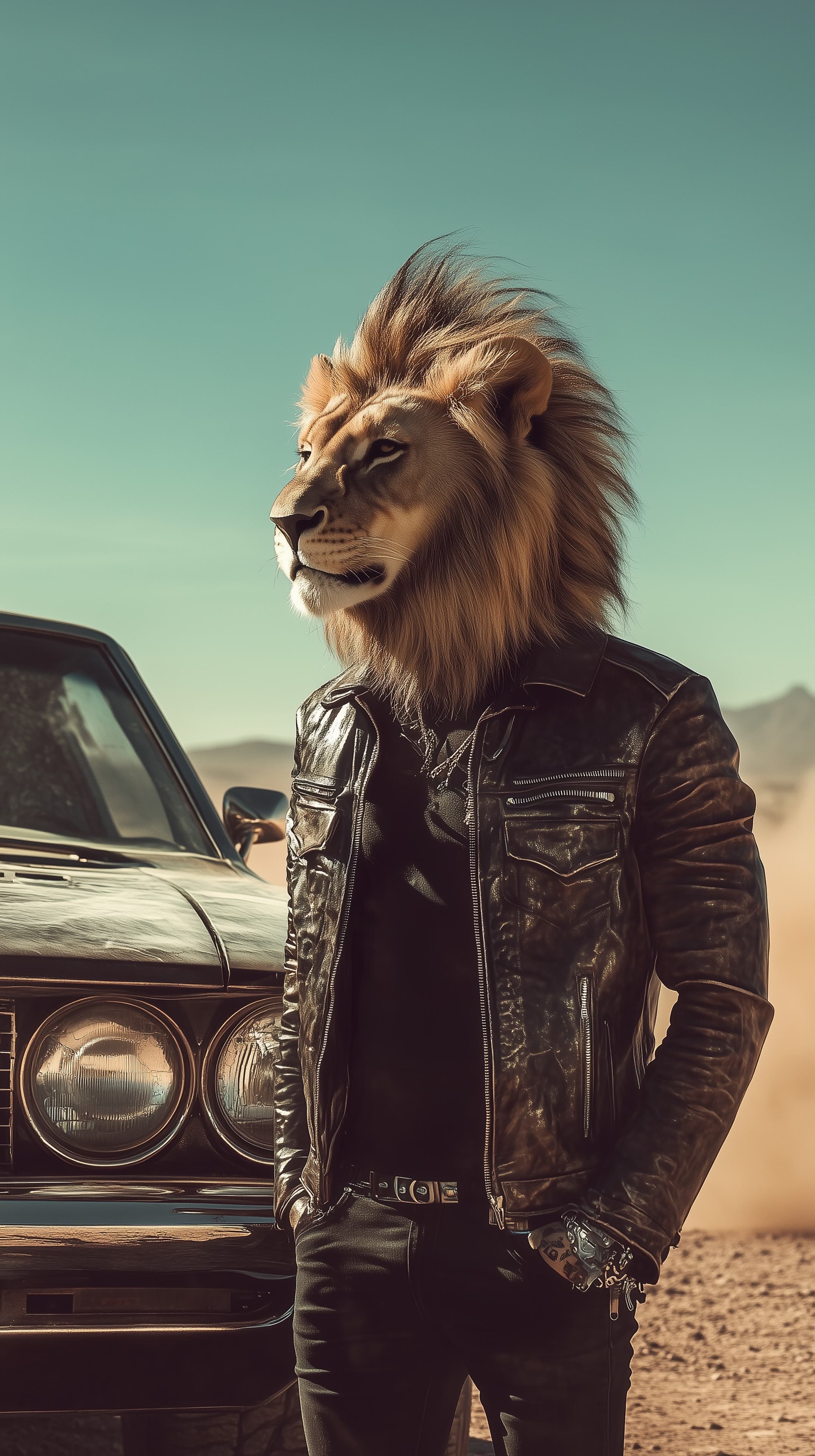 Lion-Headed Biker in Leather Jacket by Desert Car at Sunset - High Resolution anthropomorphic Wallpaper for Mobile and Desktop