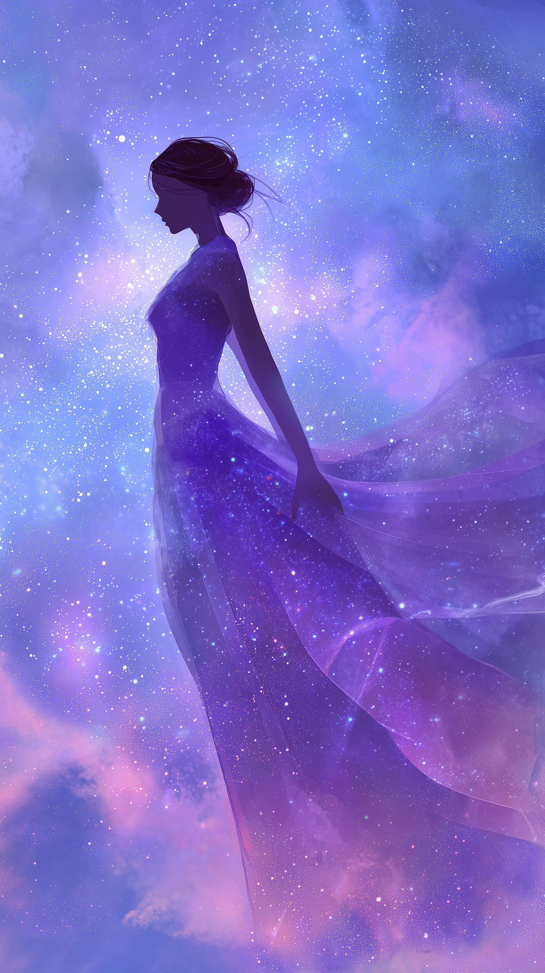 Cosmic Purple Gown Silhouette Against Starry Sky Dreamscape - High Resolution cosmic Wallpaper for Mobile and Desktop