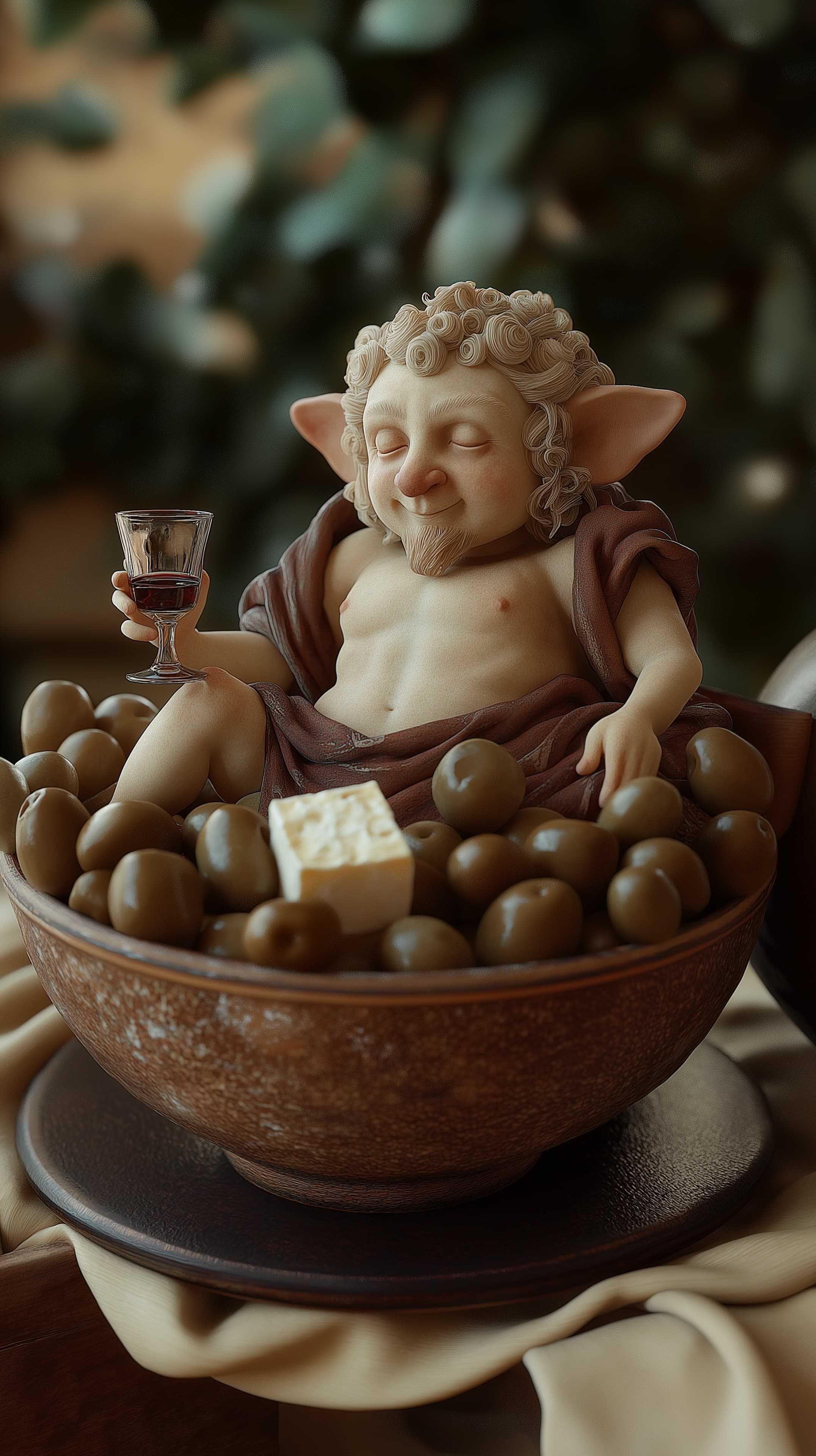 Whimsical goblin in olive bowl with wine - fantasy 3D art - High Resolution fantasy Wallpaper for Mobile and Desktop