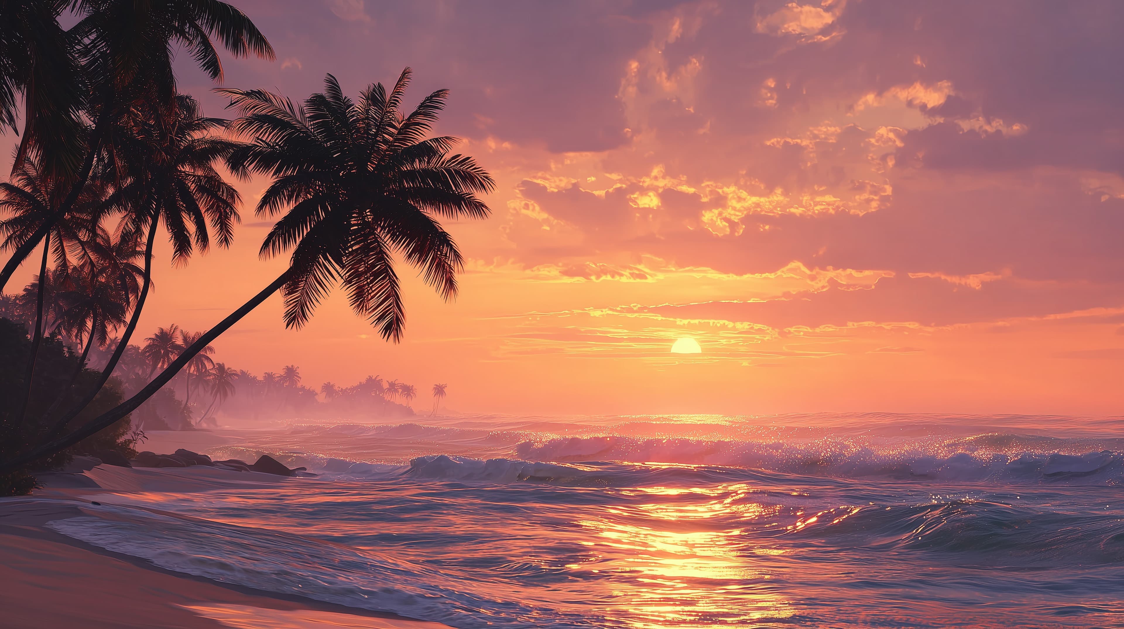 Sunset Beach Paradise: Palm Trees Over Calm Waves at Twilight - High Resolution beach Wallpaper for Mobile and Desktop