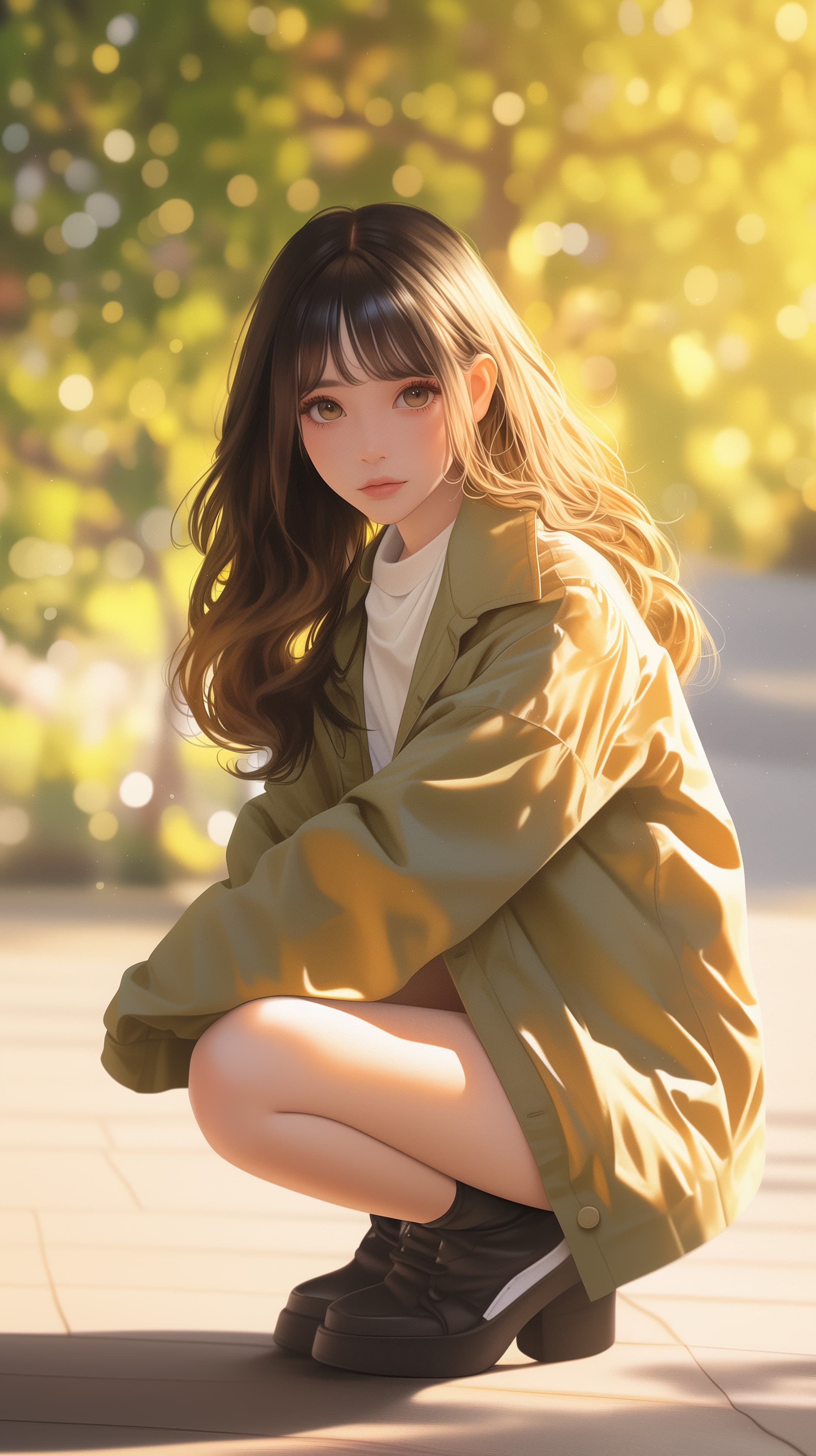 Soft Sunset Portrait of a Girl in a Sunlit Park Scene - High Resolution anime-style Wallpaper for Mobile and Desktop