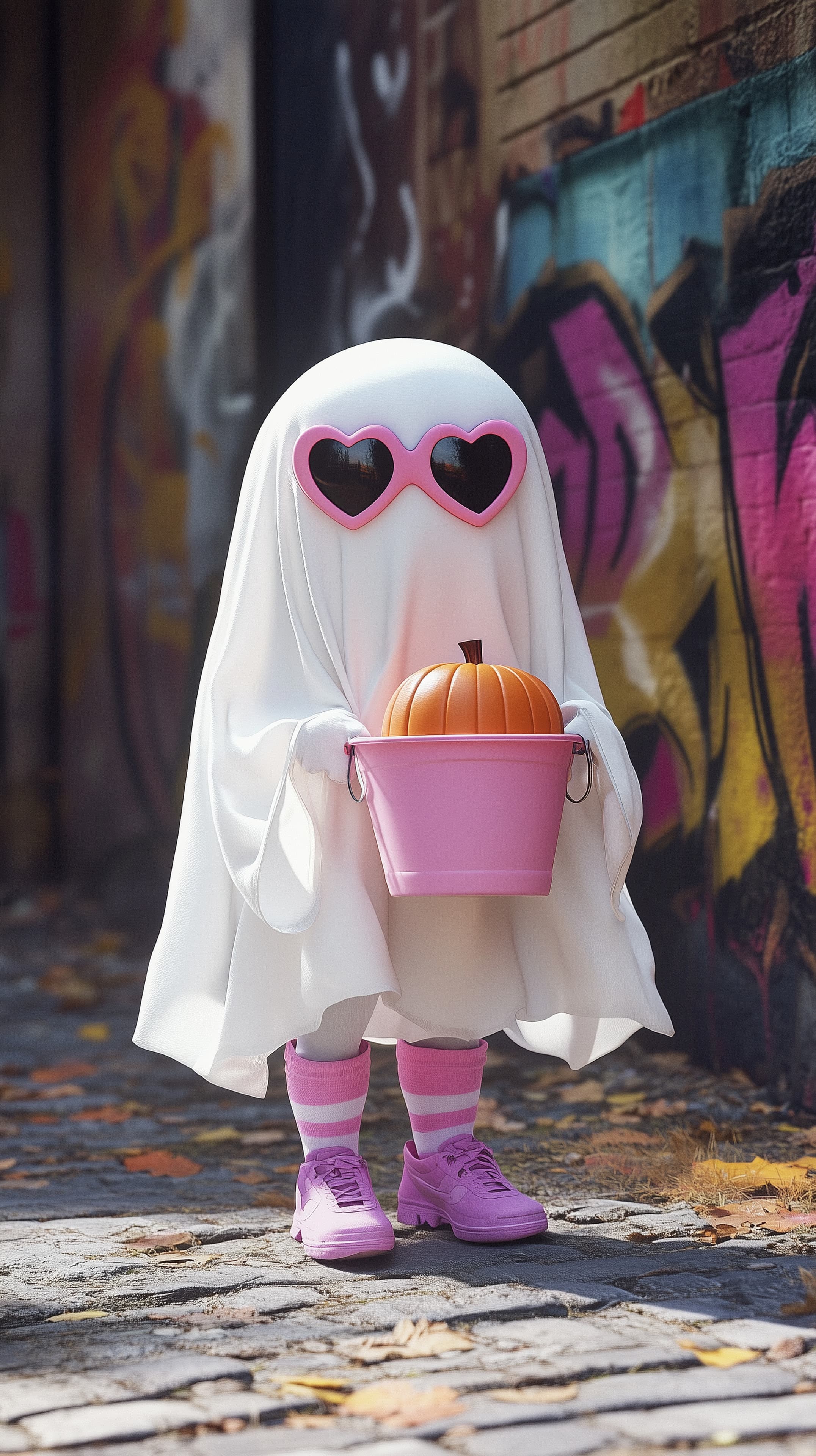 Cute Ghost Costume with Pumpkin Bucket in Graffiti Alley - High Resolution bucket Wallpaper for Mobile and Desktop