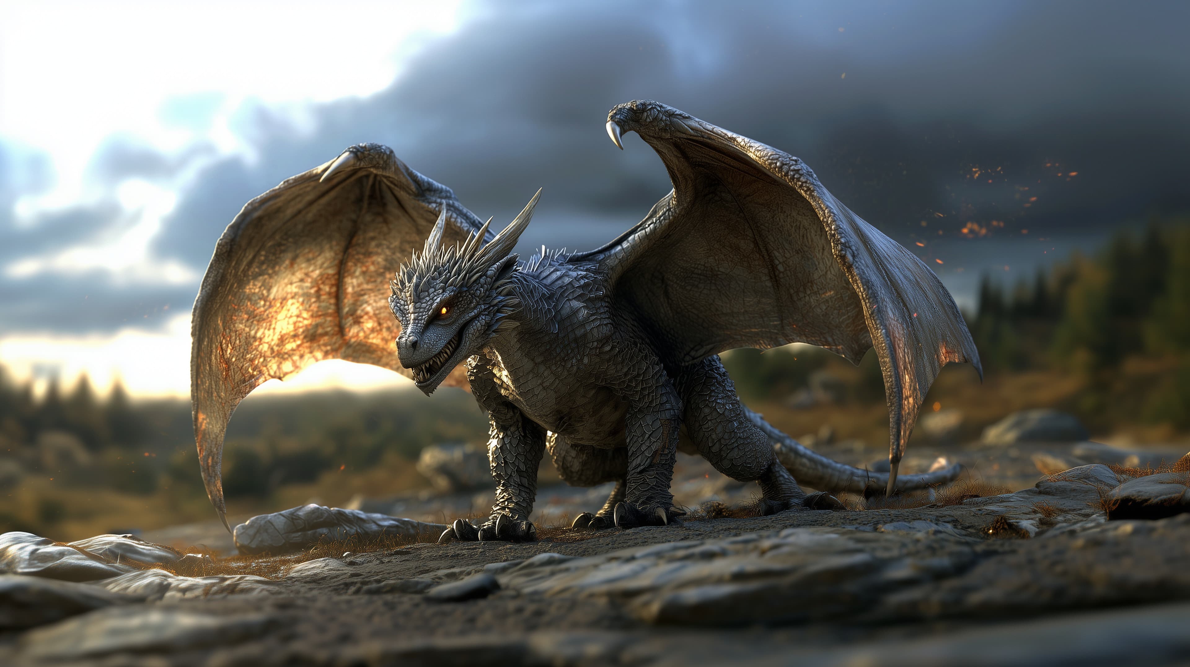 Epic Fantasy Dragon in Dawn Light - Majestic Winged Creature - High Resolution art Wallpaper for Mobile and Desktop