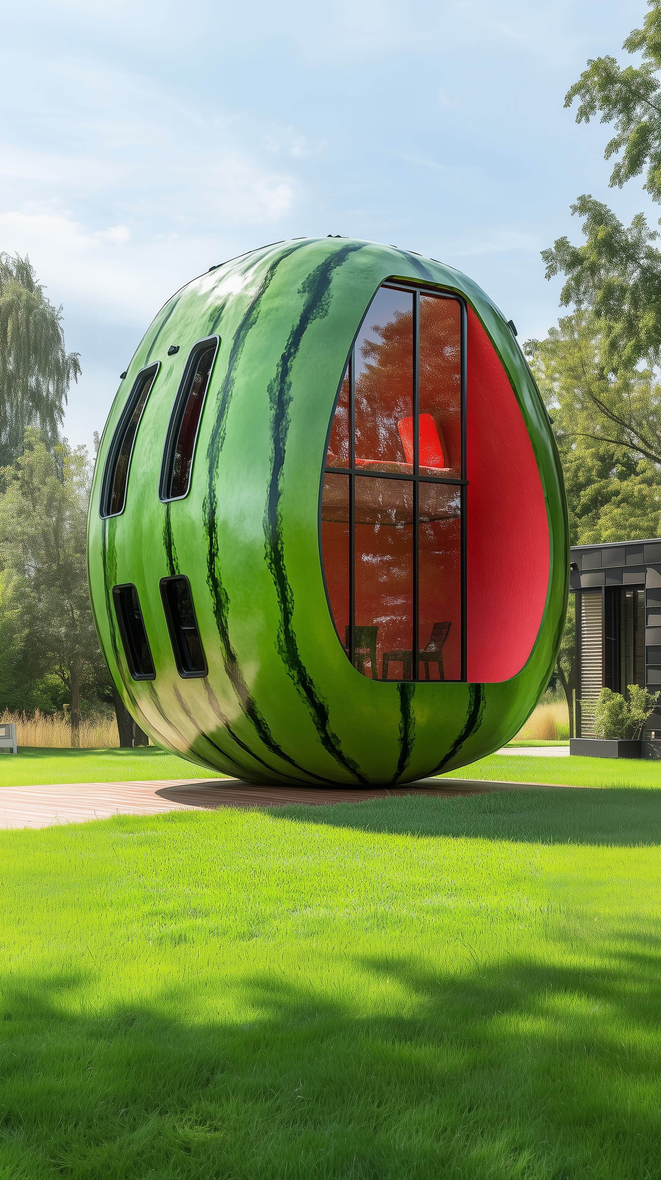 Watermelon-Shaped Modern Pod Home on Sunlit Lawn - High Resolution eco-living Wallpaper for Mobile and Desktop