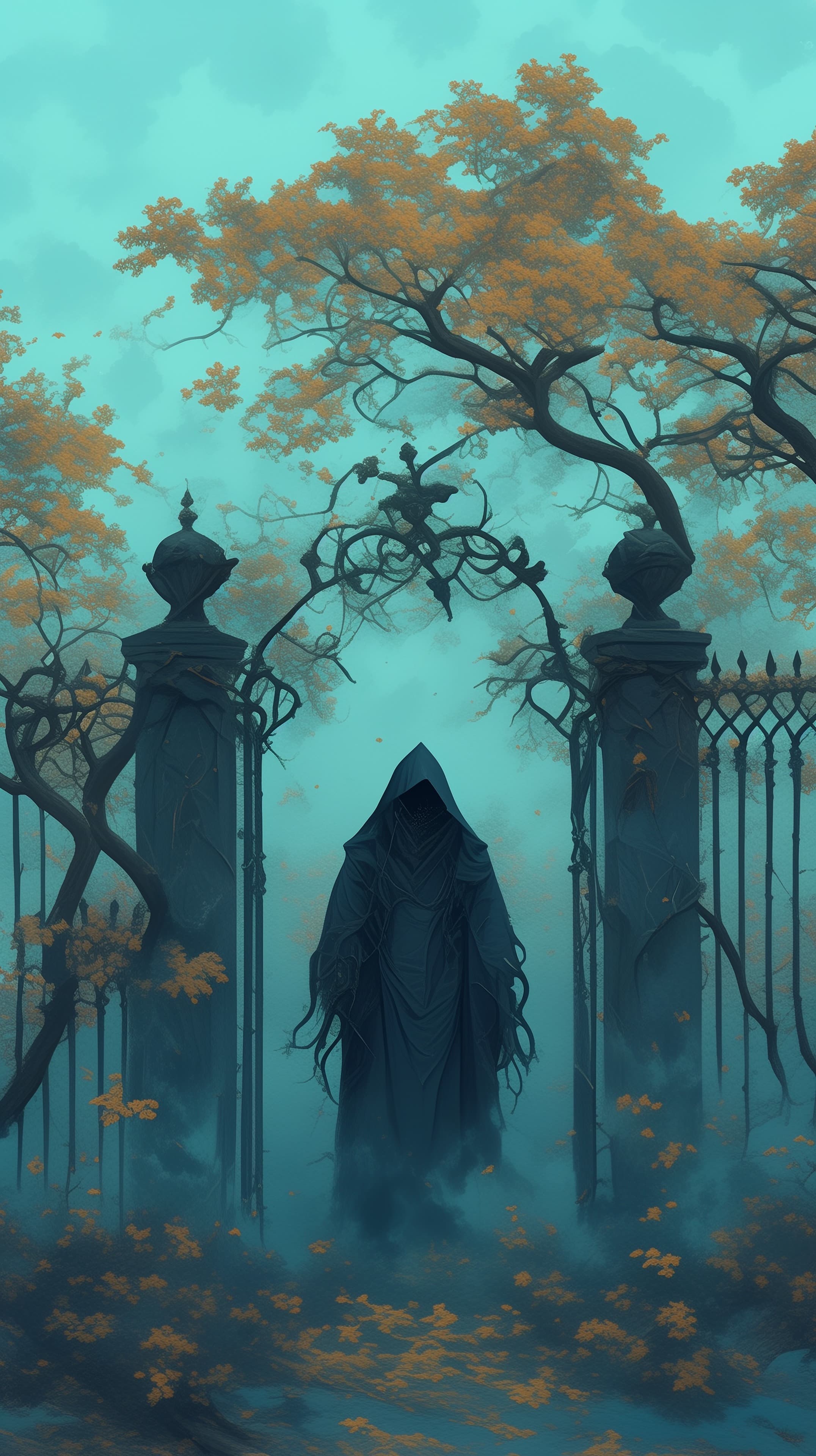 Mysterious Hooded Figure in a Misty Iron Gate Forest - High Resolution autumn-leaves Wallpaper for Mobile and Desktop