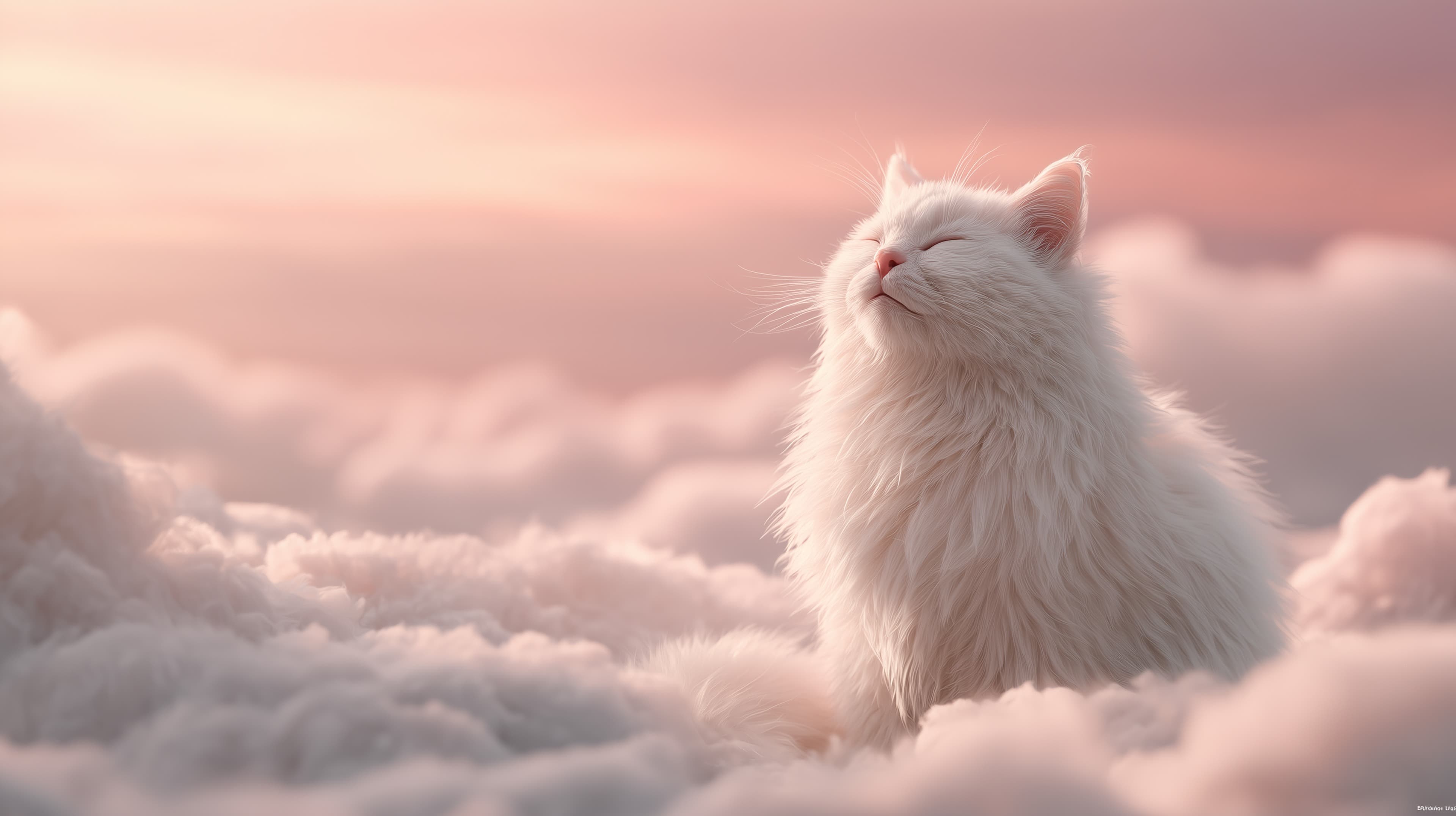 Dreamy White Cat Among Pink Clouds at Sunset Sky with Soft Glow - High Resolution clouds Wallpaper for Mobile and Desktop