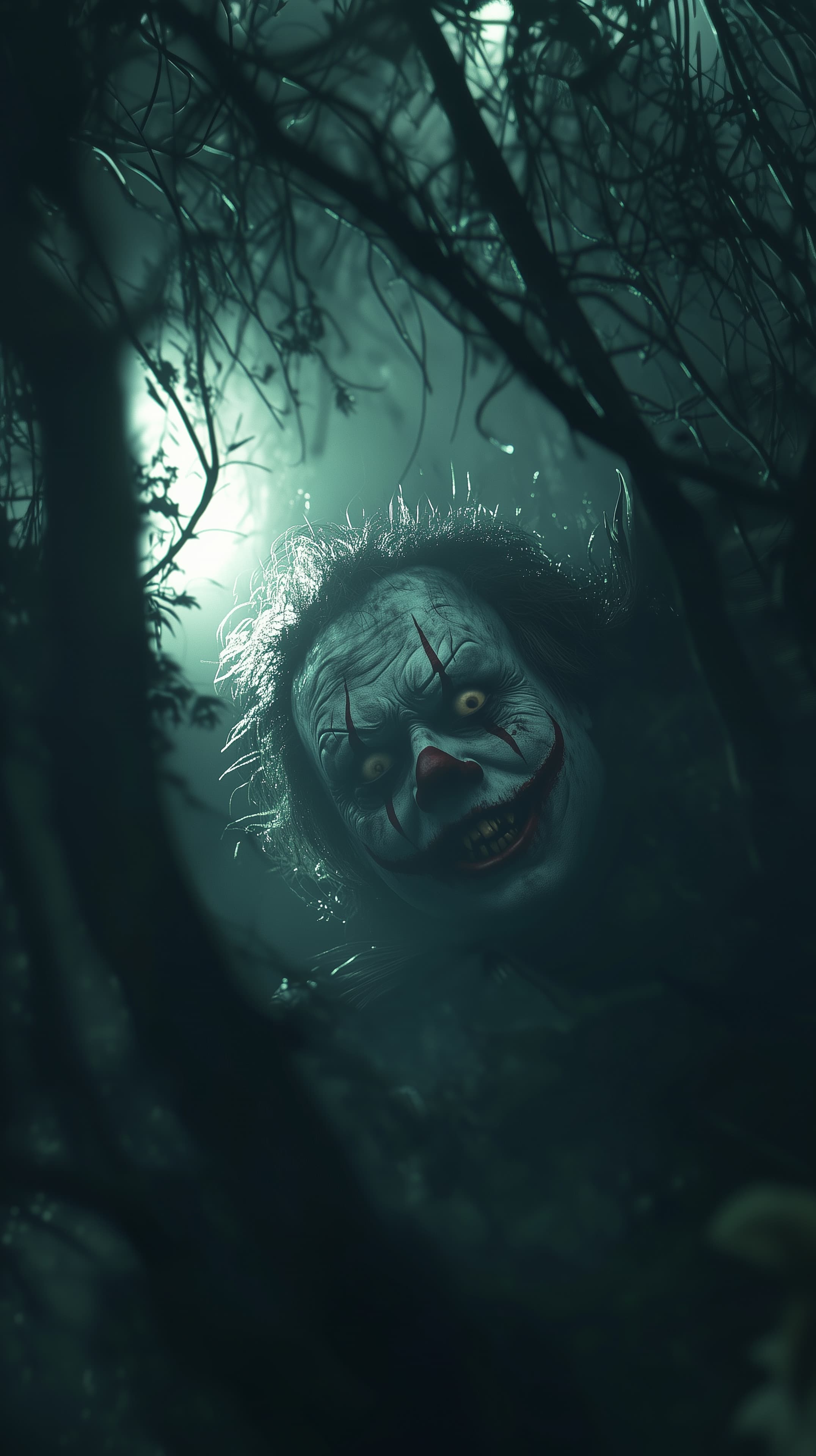 Eerie Clown in Moonlit Forest - Haunted Night Wallpaper - High Resolution cinematic Wallpaper for Mobile and Desktop