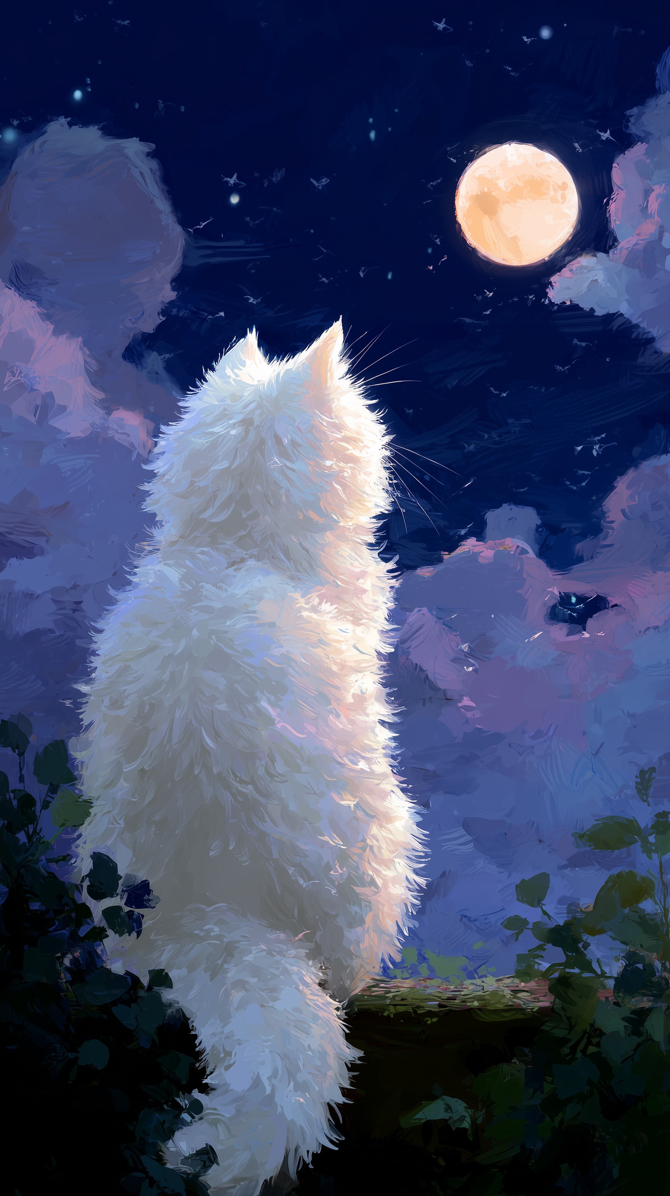 Moonlit Night Cat Silhouette in Painterly Night Sky - High Resolution artwork Wallpaper for Mobile and Desktop