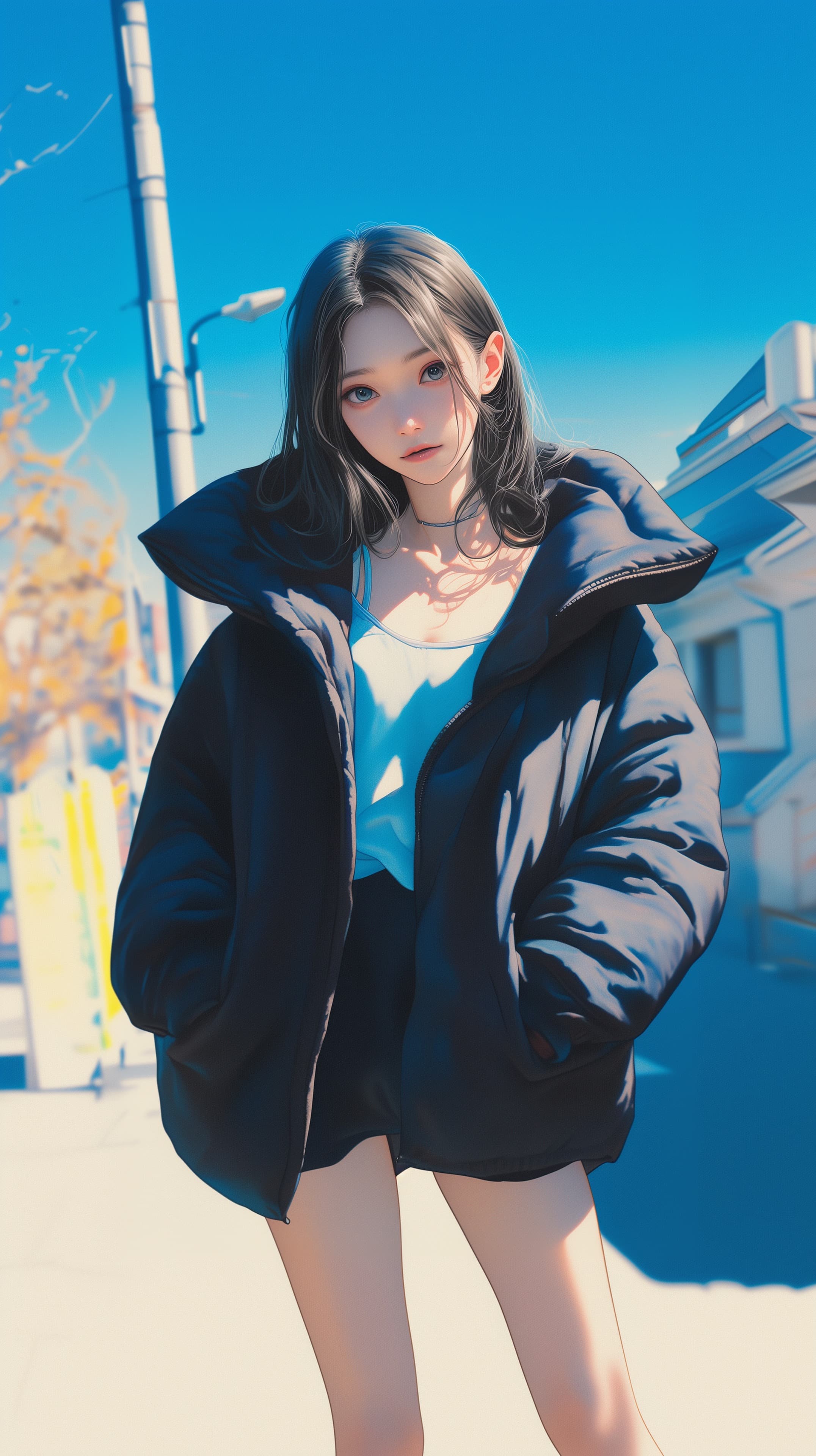 Vibrant Urban Portrait: Cozy Oversized Jacket Wallpaper - High Resolution anime-inspired-art Wallpaper for Mobile and Desktop