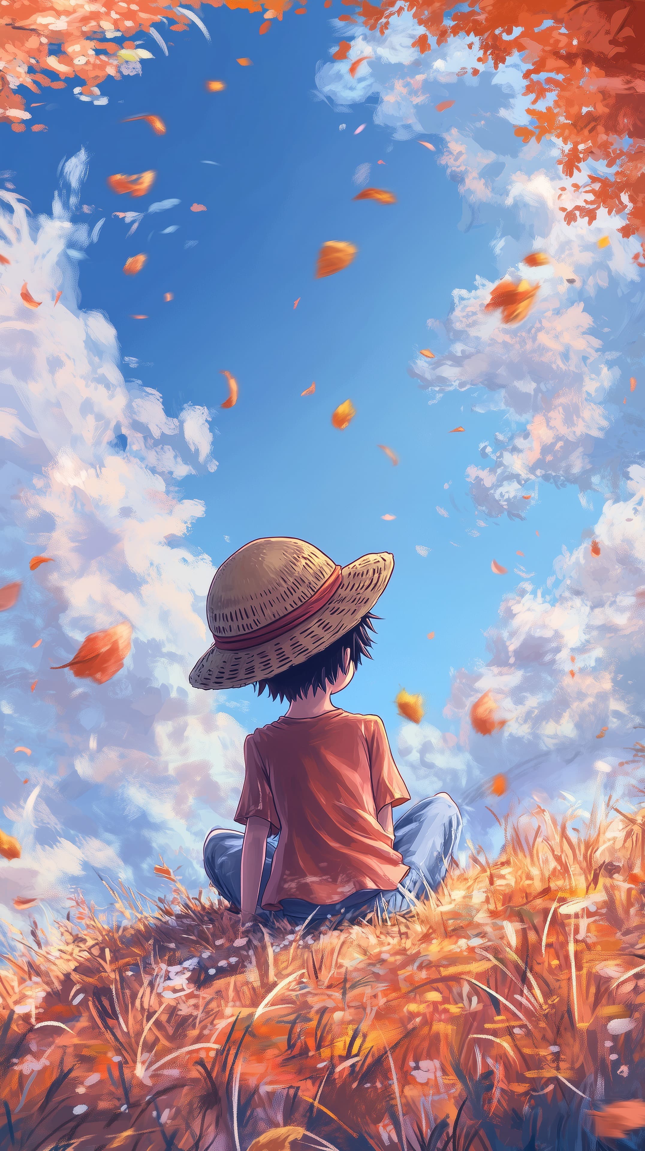 Autumn Breeze: Boy Sitting in a Golden Field Under Sky - High Resolution anime-style Wallpaper for Mobile and Desktop