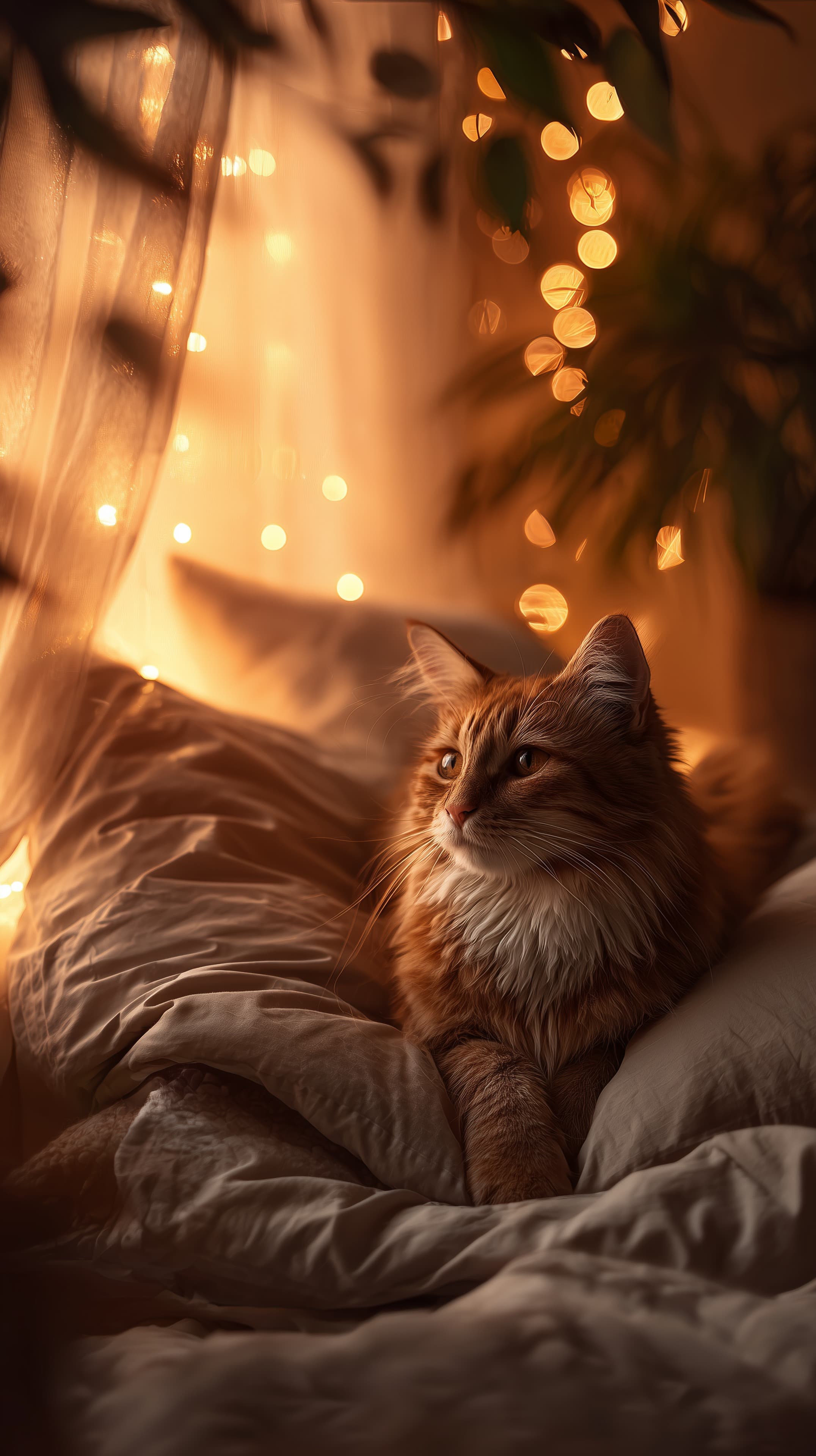Cozy Cat on a Bed with Warm Fairy Lights - Dreamy Wallpaper - High Resolution ambient-glow Wallpaper for Mobile and Desktop