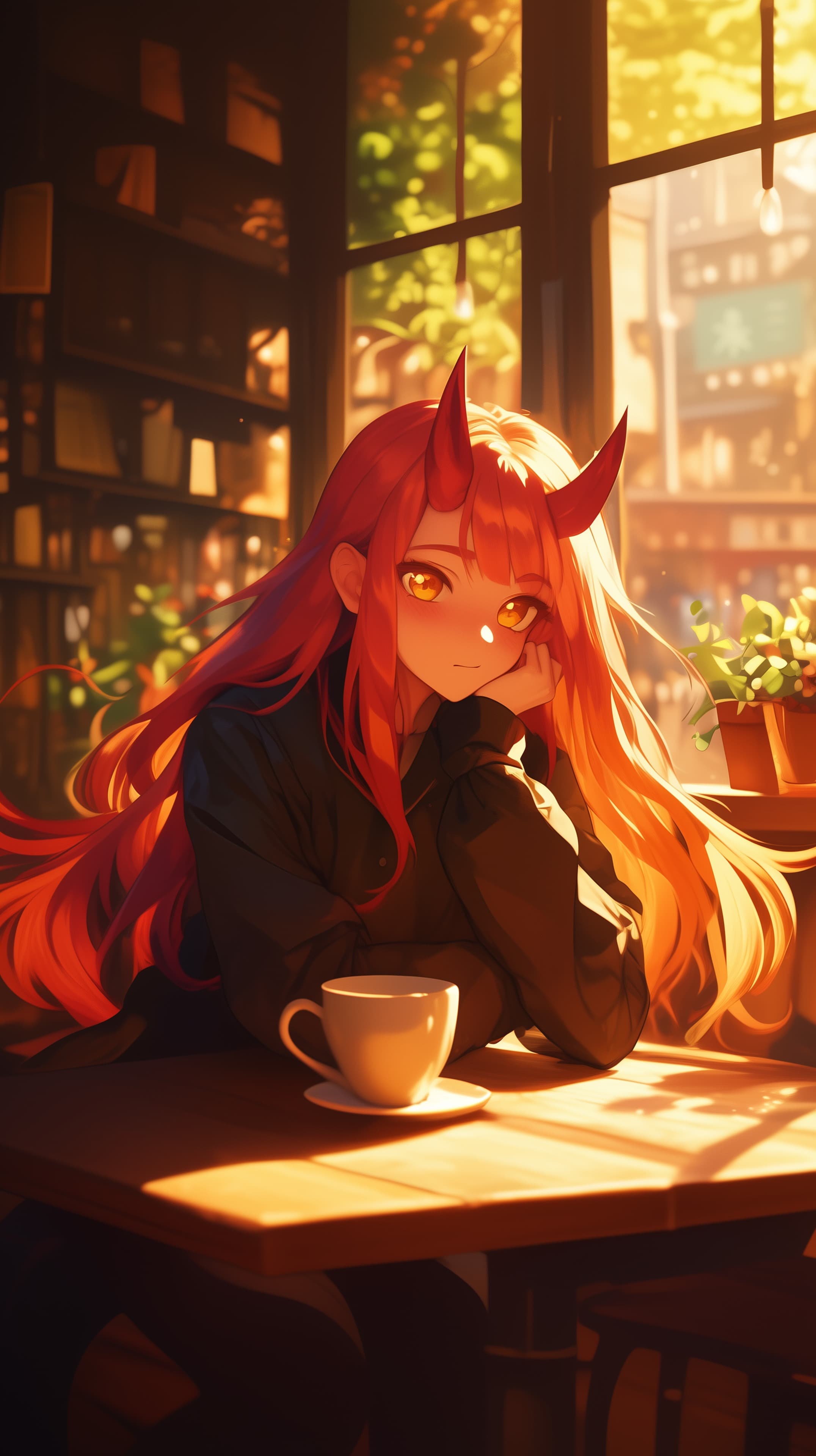 Golden Hour Cafe: Horned Fantasy Girl in Warm Sunset Light - High Resolution amber-eyes Wallpaper for Mobile and Desktop