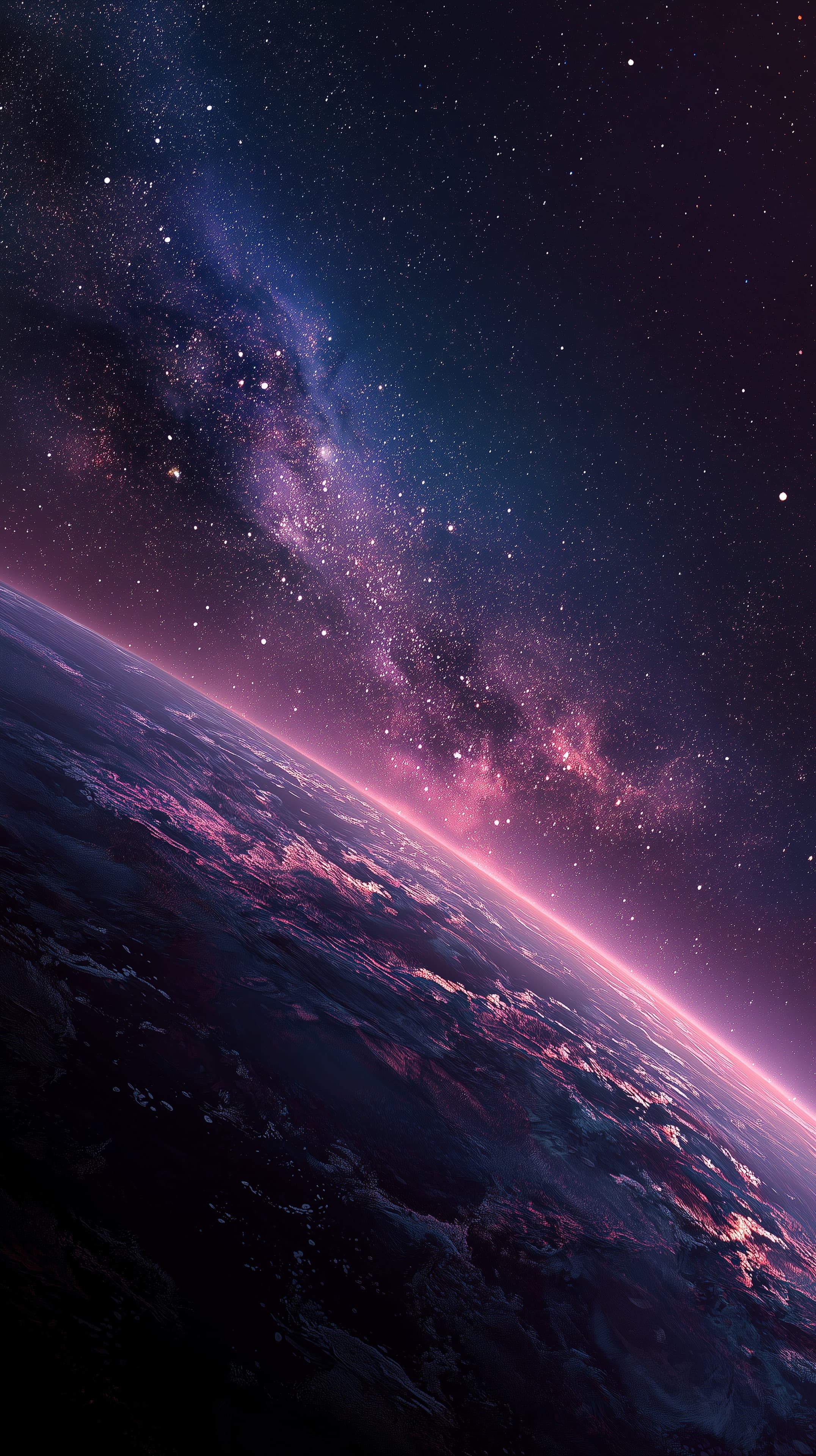 Cosmic Twilight Horizon: Planet Curve in Neon Space Art - High Resolution cosmic-sky Wallpaper for Mobile and Desktop