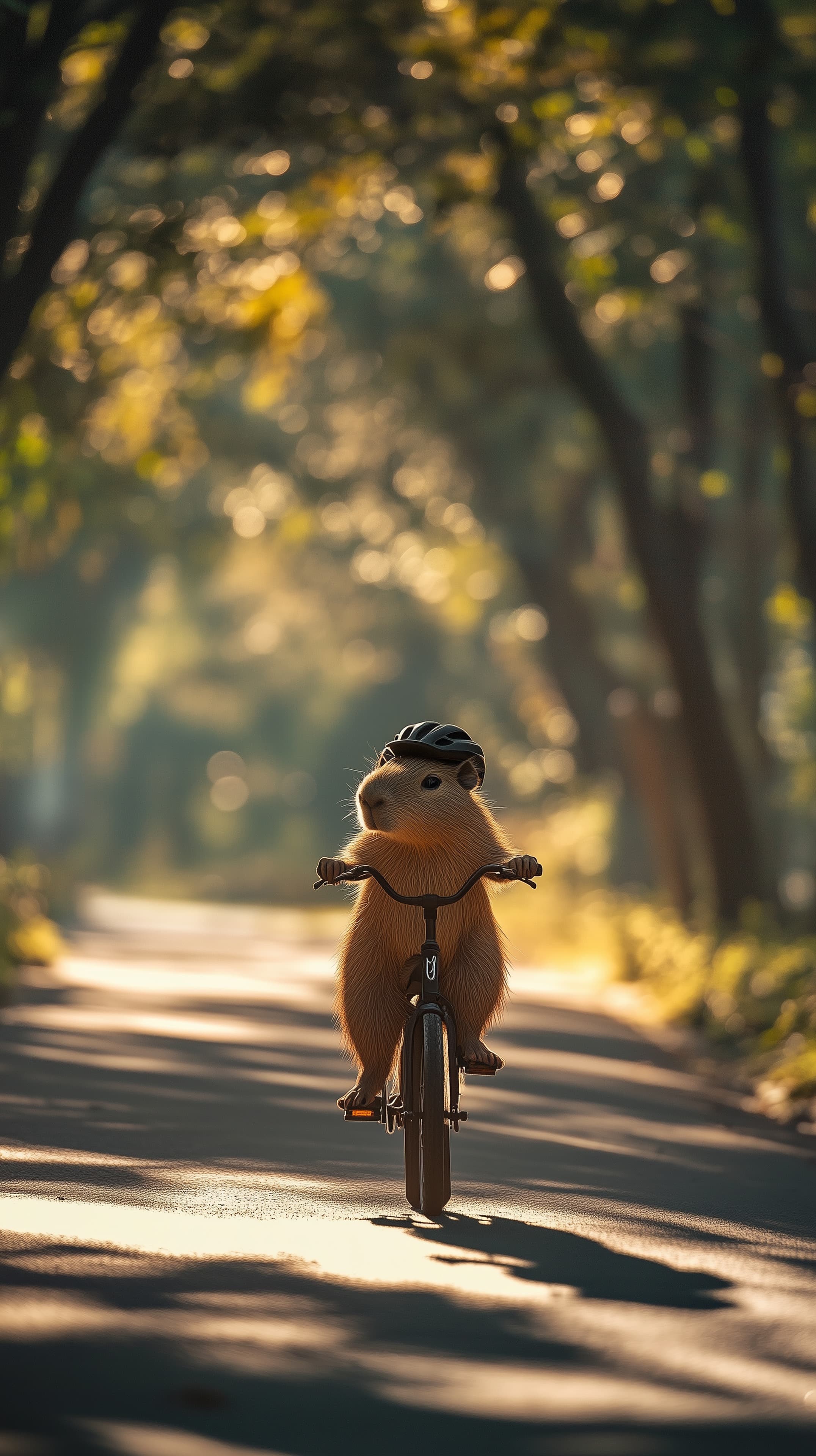 Whimsical rodent cyclist on sunlit forest road wallpaper - High Resolution bicycle Wallpaper for Mobile and Desktop