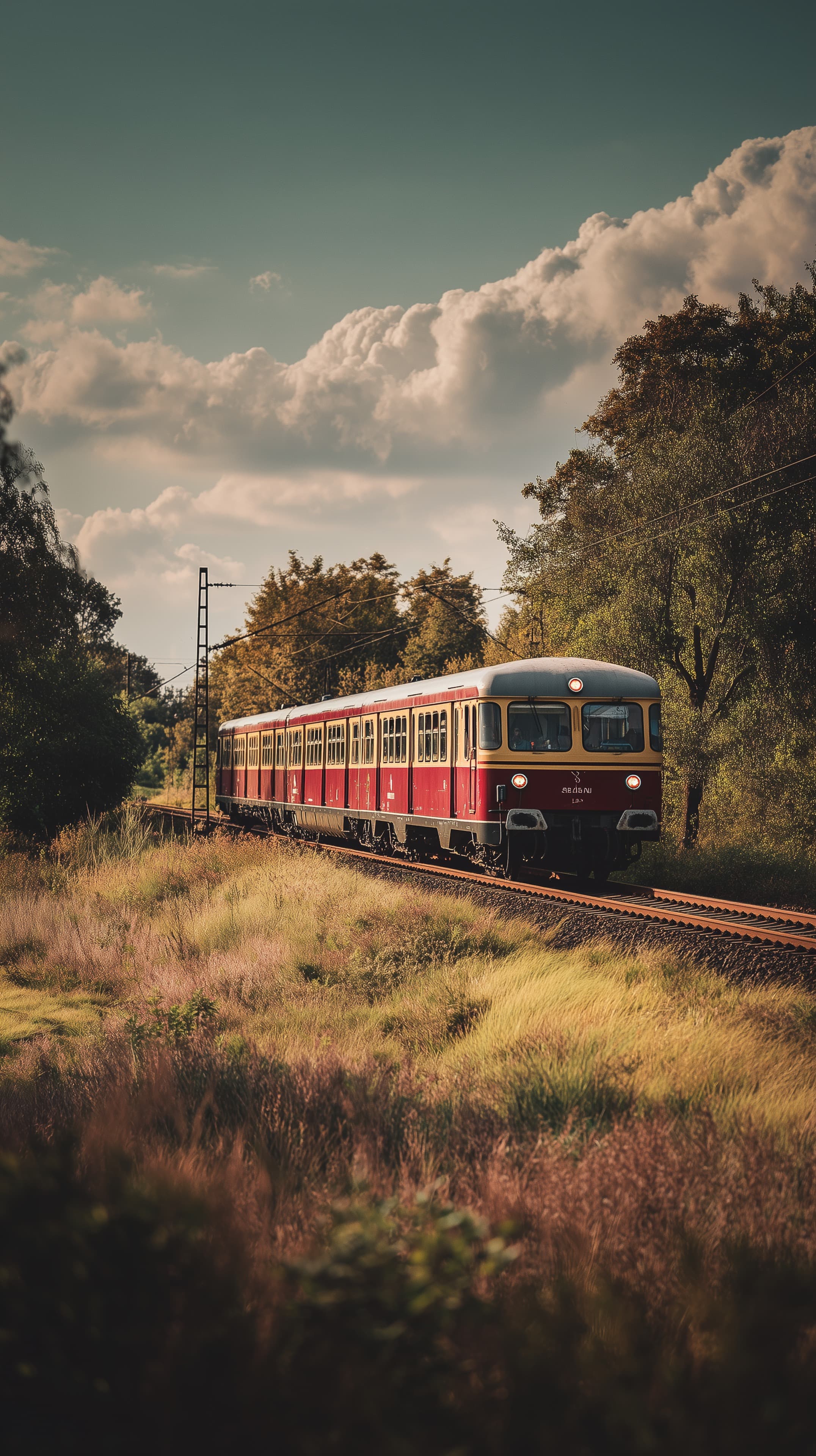 Vintage Red Passenger Train Along Open Countryside Railway - High Resolution classic-locomotive Wallpaper for Mobile and Desktop