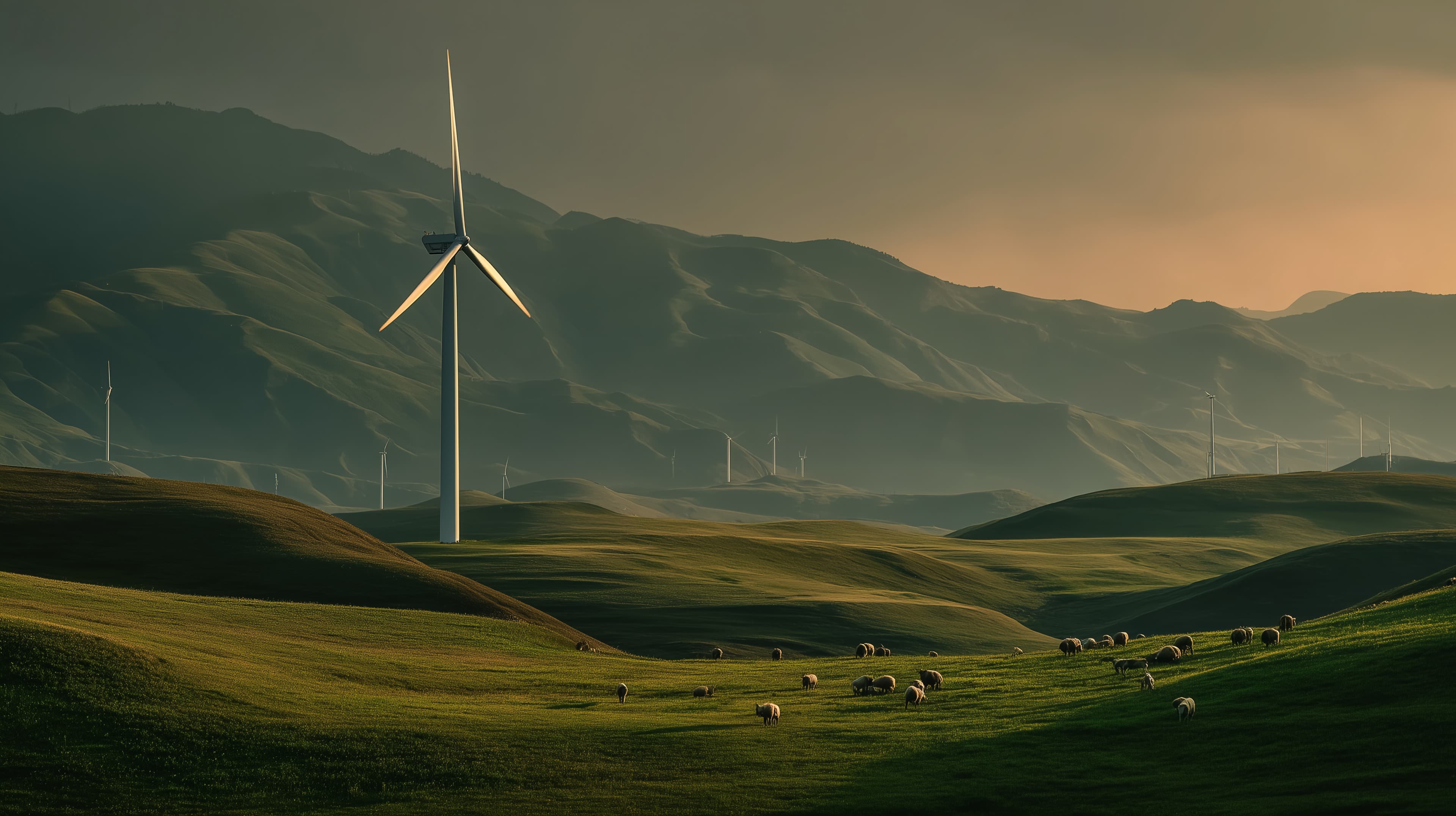 Tranquil Valley Sunset: Wind Turbines, Rolling Hills, Sheep - High Resolution green-fields Wallpaper for Mobile and Desktop
