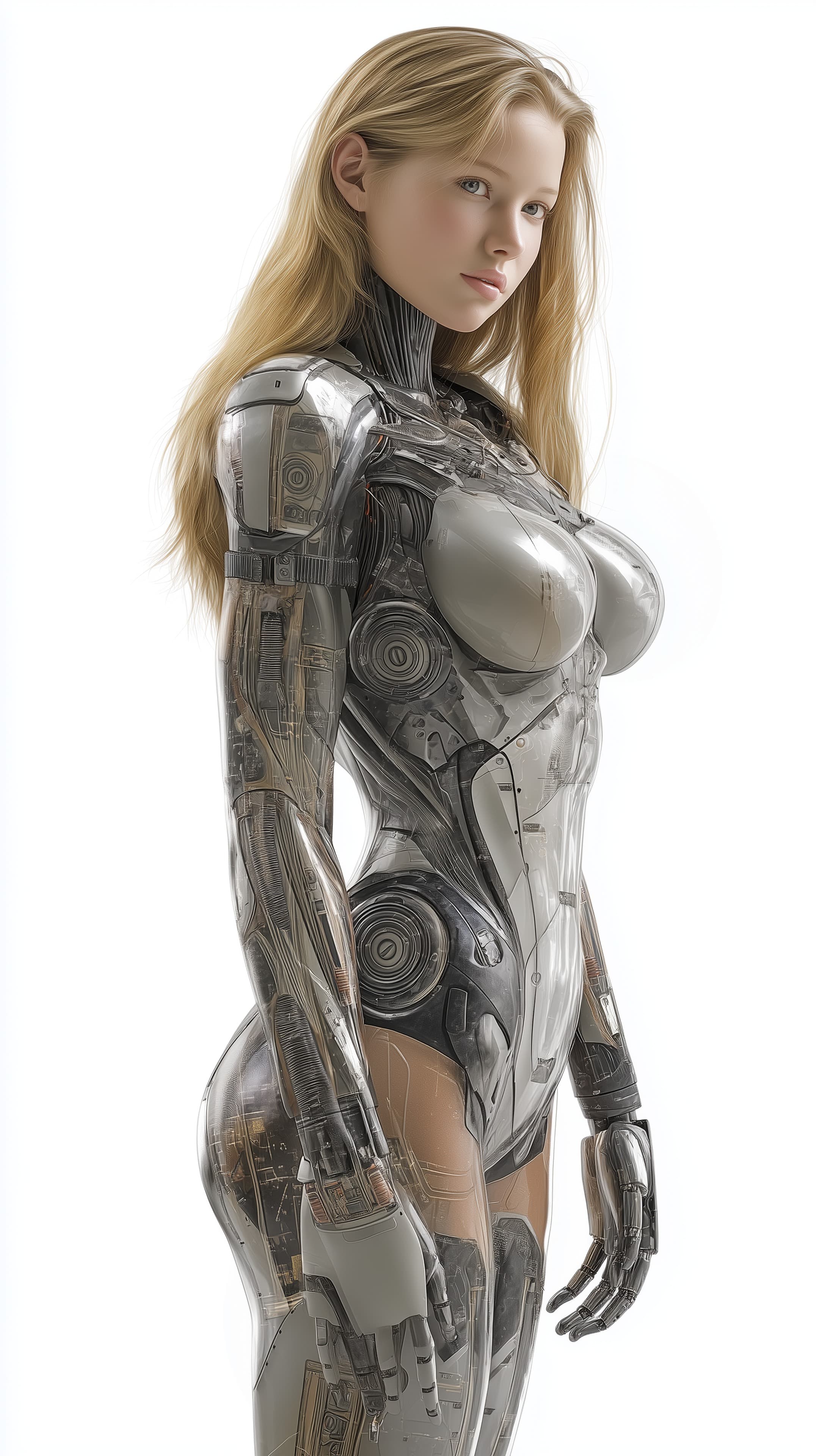 Futuristic Cyborg Femme in Sleek Titanium Armor Portrait - High Resolution cyborg Wallpaper for Mobile and Desktop