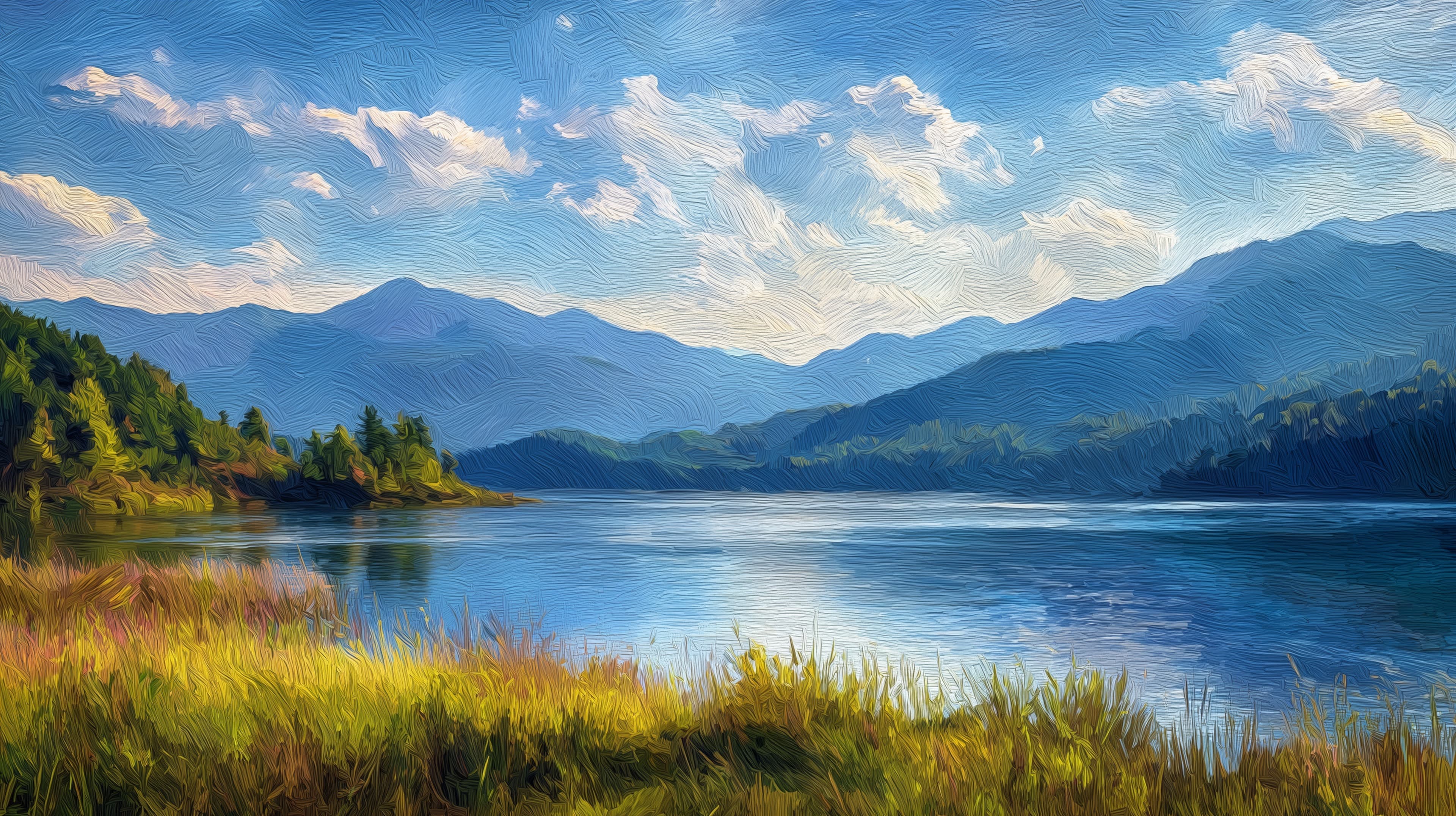 Tranquil Mountain Lake Landscape Painterly Wallpaper - High Resolution blue-sky Wallpaper for Mobile and Desktop
