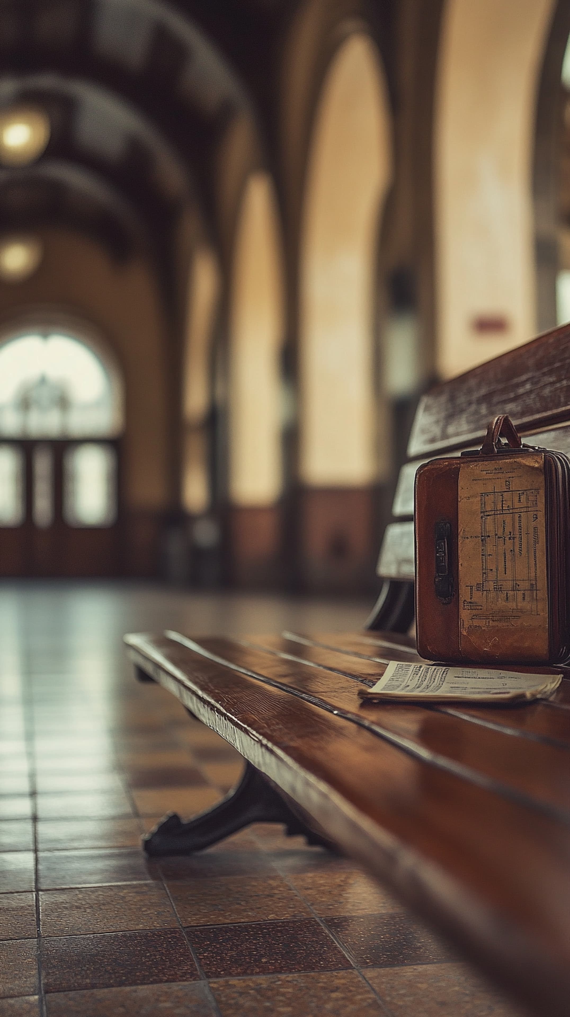 Moody Vintage Train Station Hall with Old Suitcase Wallpaper - High Resolution vintage-suitcase Wallpaper for Mobile and Desktop