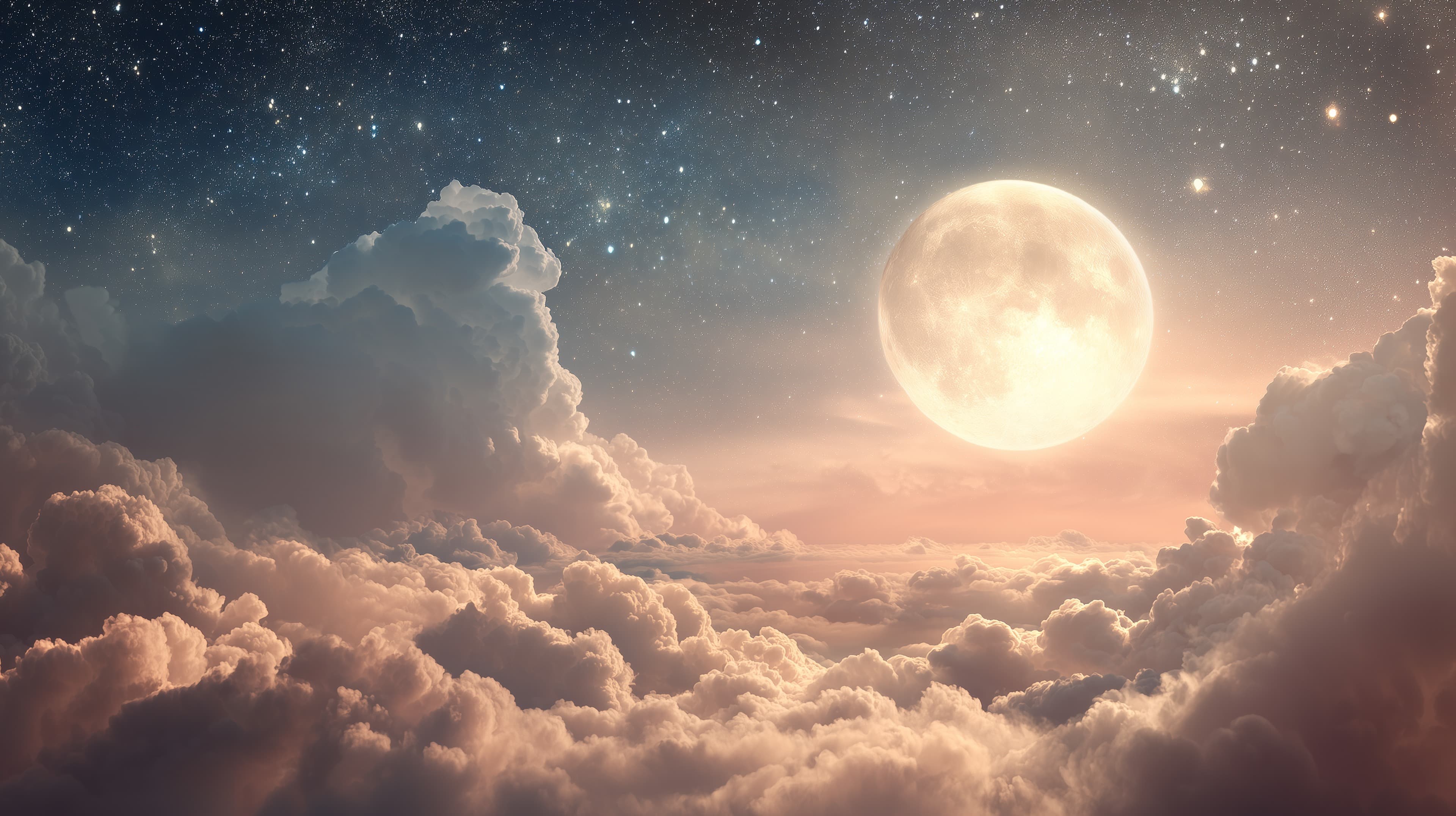 Dreamy Moonlit Clouds Wallpaper with Starry Sky and Soft Sunrise - High Resolution celestial-art Wallpaper for Mobile and Desktop