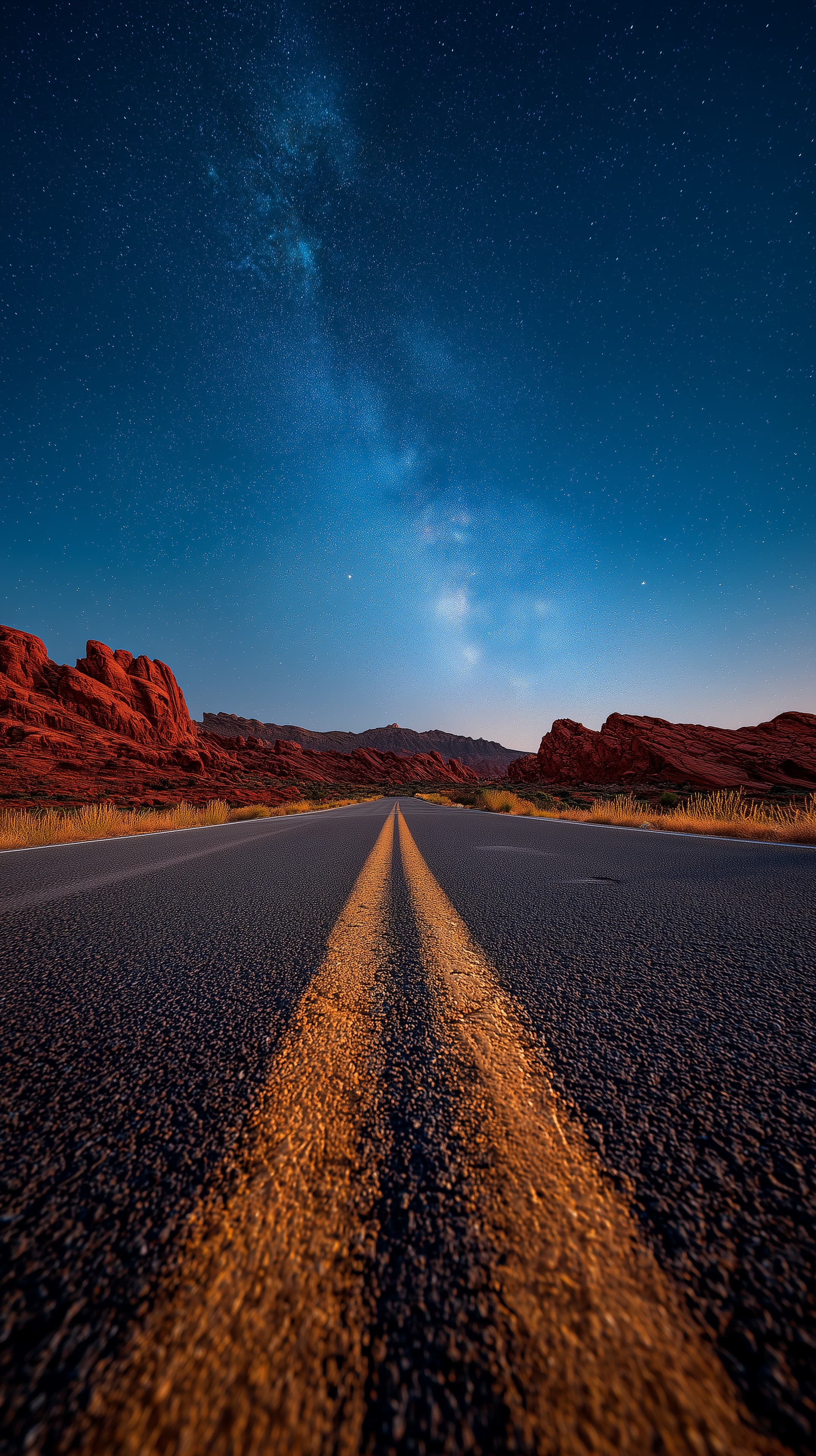 Starry Night Desert Road: Milky Way Over Red Rock Canyon - High Resolution desert Wallpaper for Mobile and Desktop