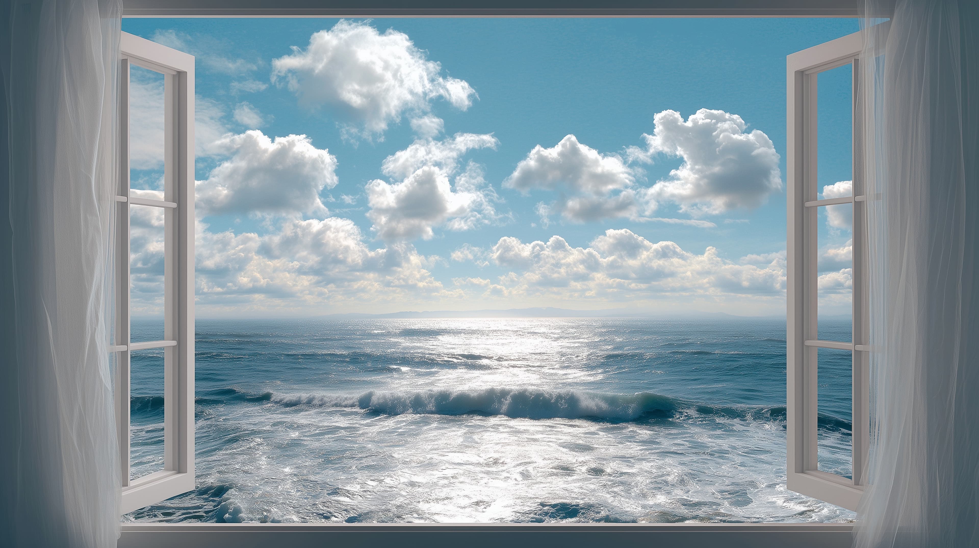 Oceanic Horizon Through an Open Window - Serene Desktop Wallpaper - High Resolution blue Wallpaper for Mobile and Desktop