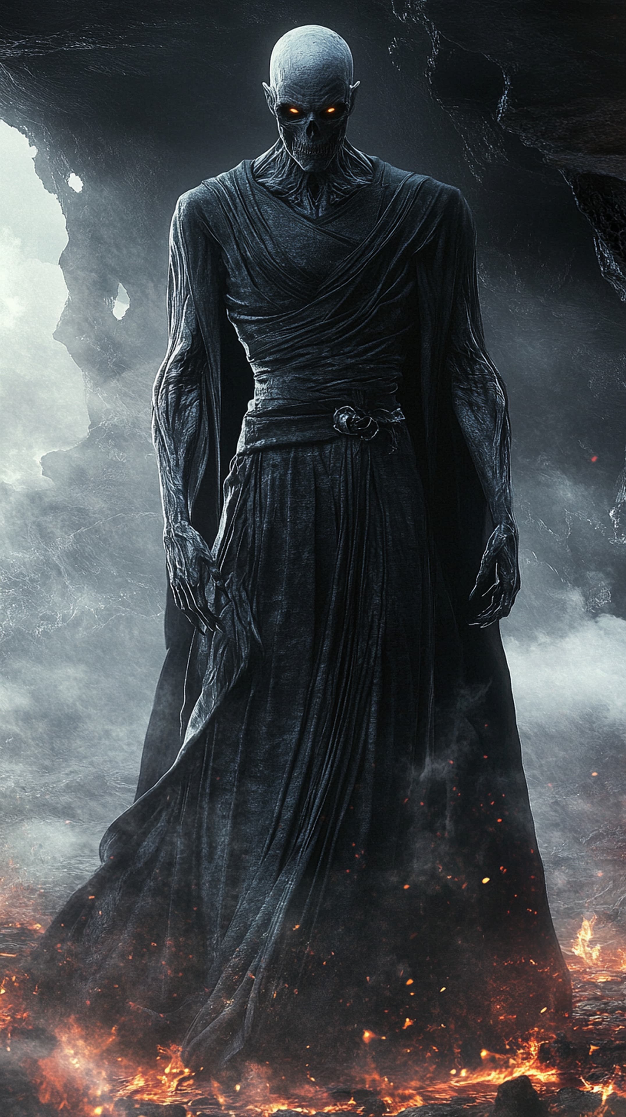 Dark Skeleton Warrior in a Volcanic Landscape - Moody Fantasy Wallpaper - High Resolution skeleton-figure Wallpaper for Mobile and Desktop