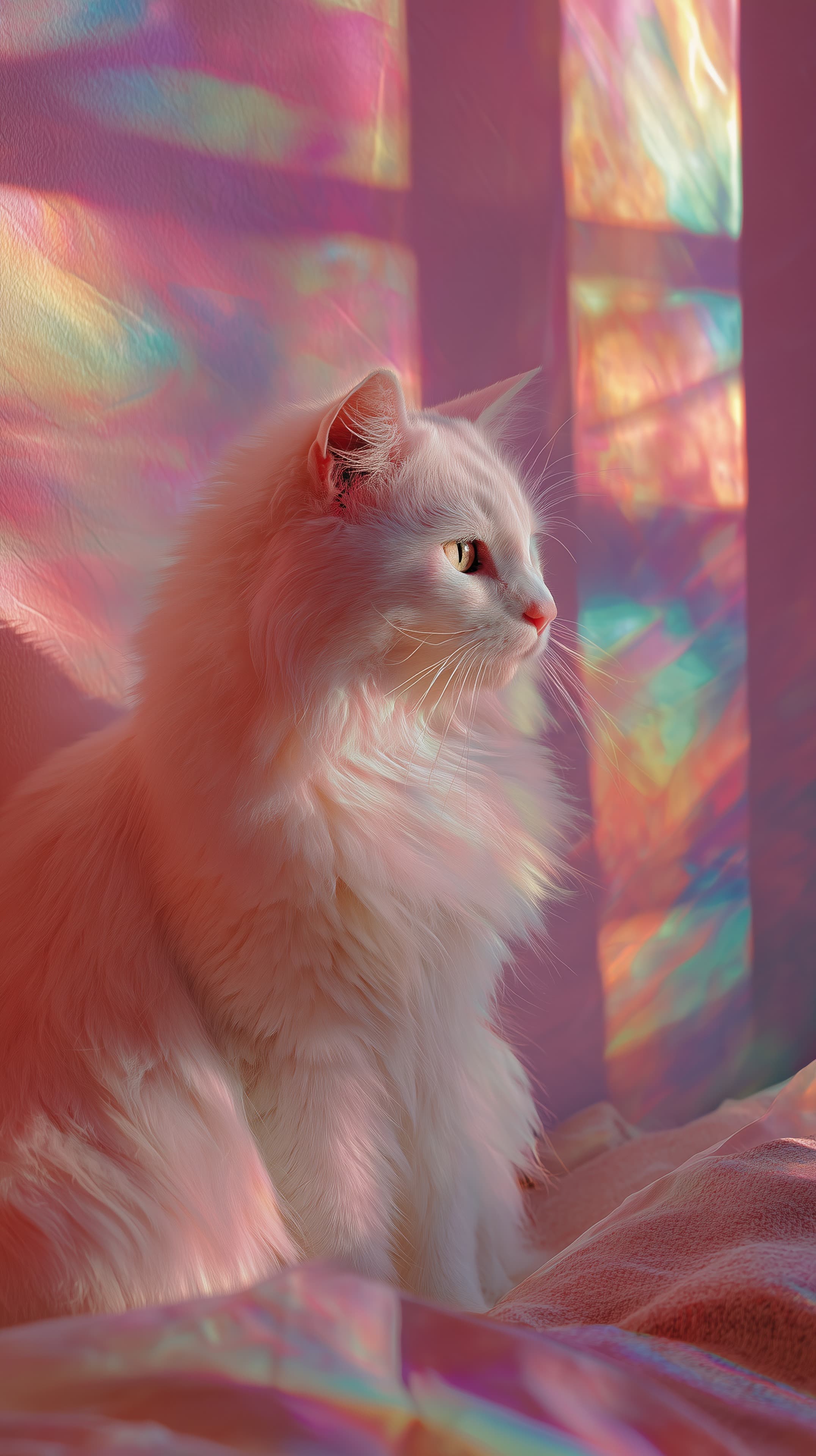 Pastel Rainbow Cat Wallpaper with Soft Fur Glow and Light - High Resolution cat Wallpaper for Mobile and Desktop