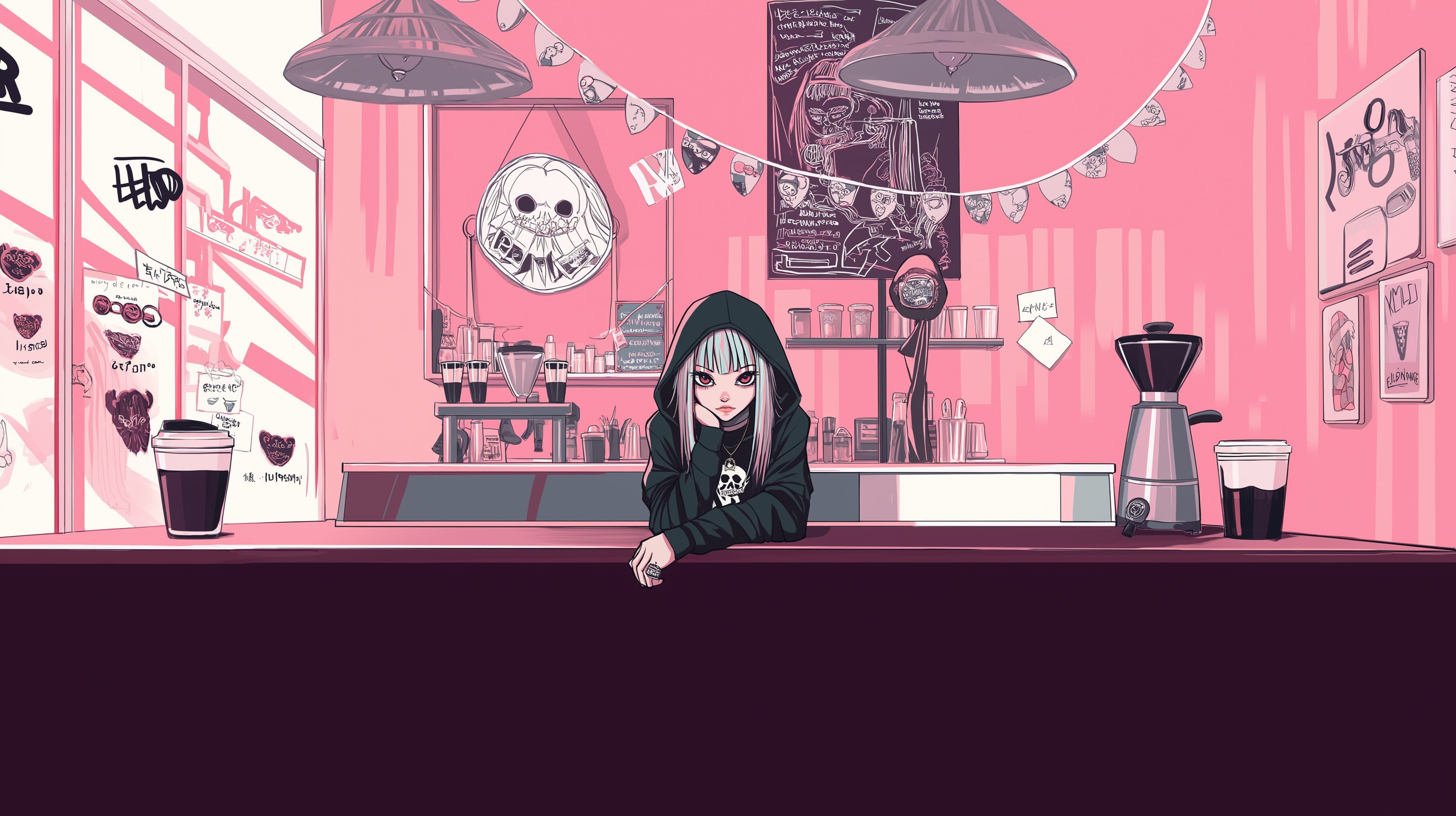 Hooded Figure at Pink Café – Surreal Neon Illustration - High Resolution anime-artwork Wallpaper for Mobile and Desktop