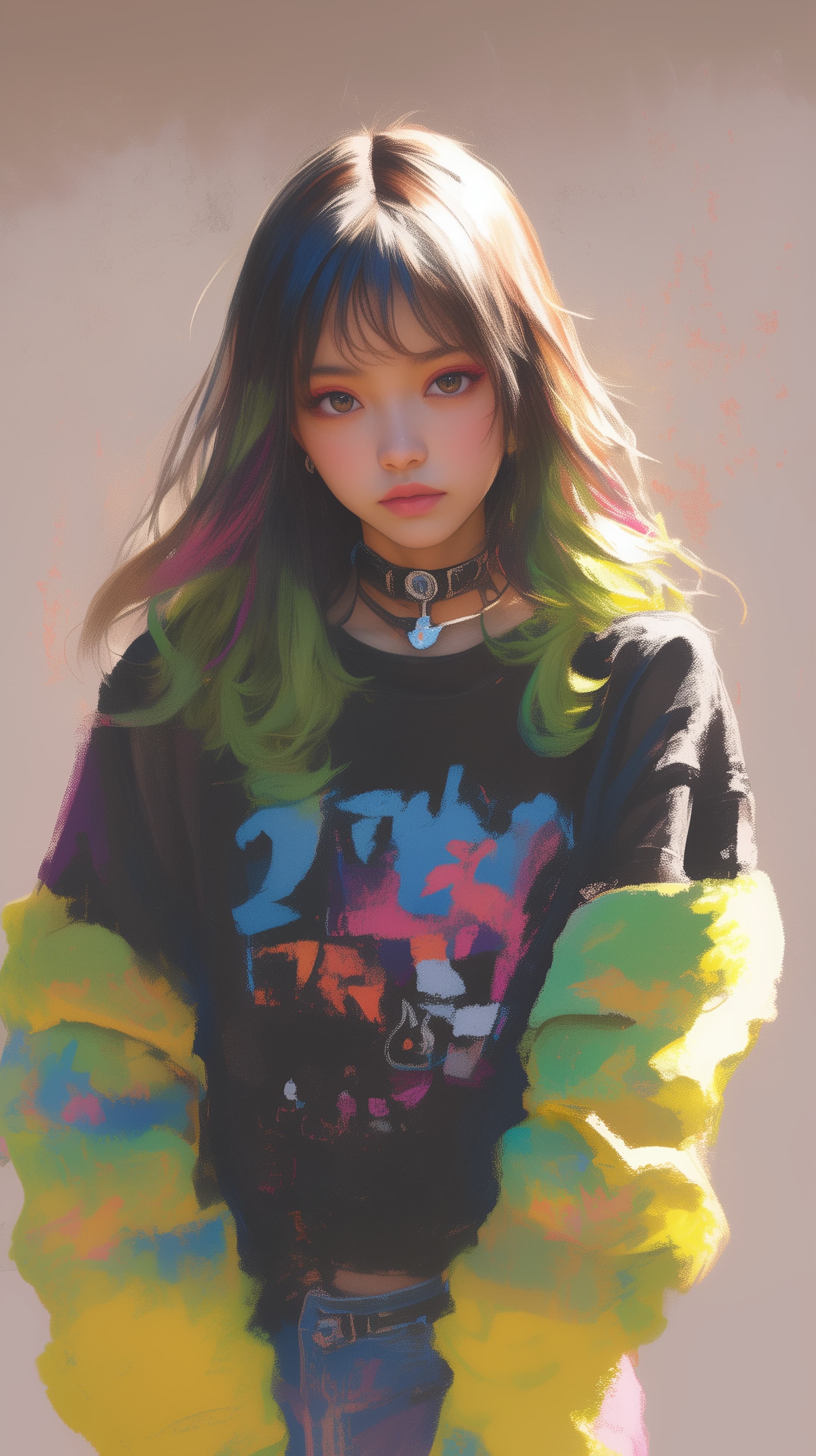 Vibrant Rainbow Hair Portrait in Neon Streetwear Fashion - High Resolution art-wallpaper Wallpaper for Mobile and Desktop