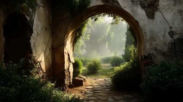 Tranquil Garden Archway with Sunlit Stone Path – Scenic Wallpaper - HD Wallpaper, 4k Background Image