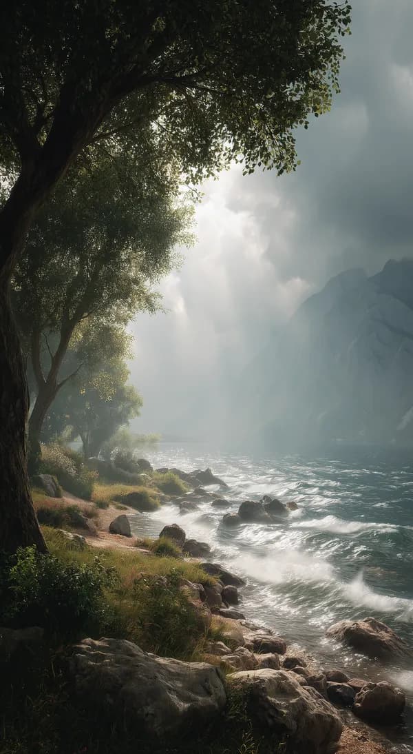 Serene lakeside forest with sunlit mountains and misty skies - HD Wallpaper, 4k Background Image