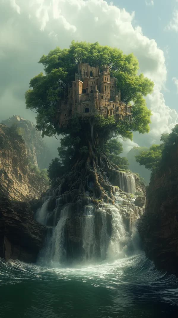 Enchanted Treecastle Over a Waterfall - Fantasy Wallpaper - HD Wallpaper, 4k Background Image