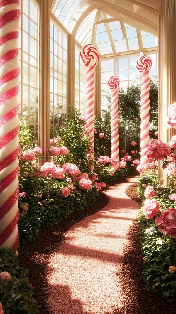 Pastel Candy Garden Walkway in a Sunlit Glasshouse - HD Wallpaper, 4k Background Image