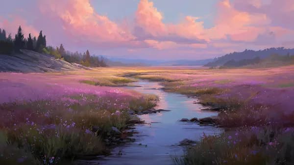 Pastel Sunset Meadow with Lavender River: Dreamy Landscape Wallpaper - HD Wallpaper, 4k Background Image
