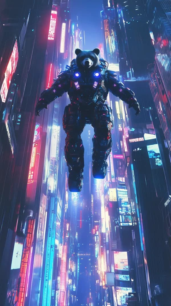 Cyberpunk Bear in Neon Mech Over Neon City Skyline at Night - HD Wallpaper, 4k Background Image