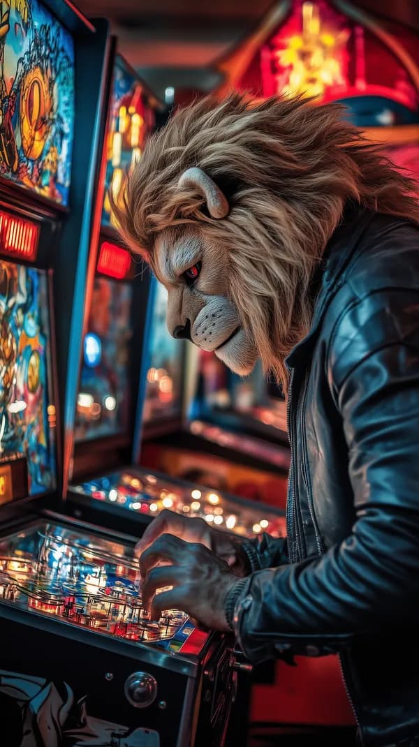 Neon Arcade: Anthropomorphic Lion in Leather Plays Pinball - HD Wallpaper, 4k Background Image