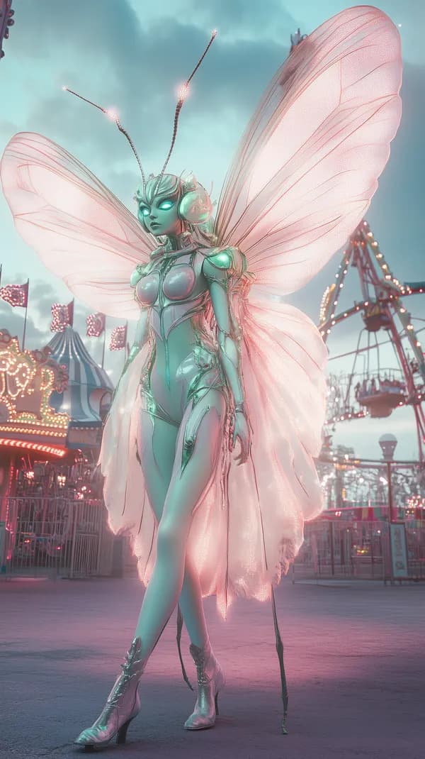 Dreamlike Butterfly-Wing Cyber Fairy at Neon Carnival - HD Wallpaper, 4k Background Image